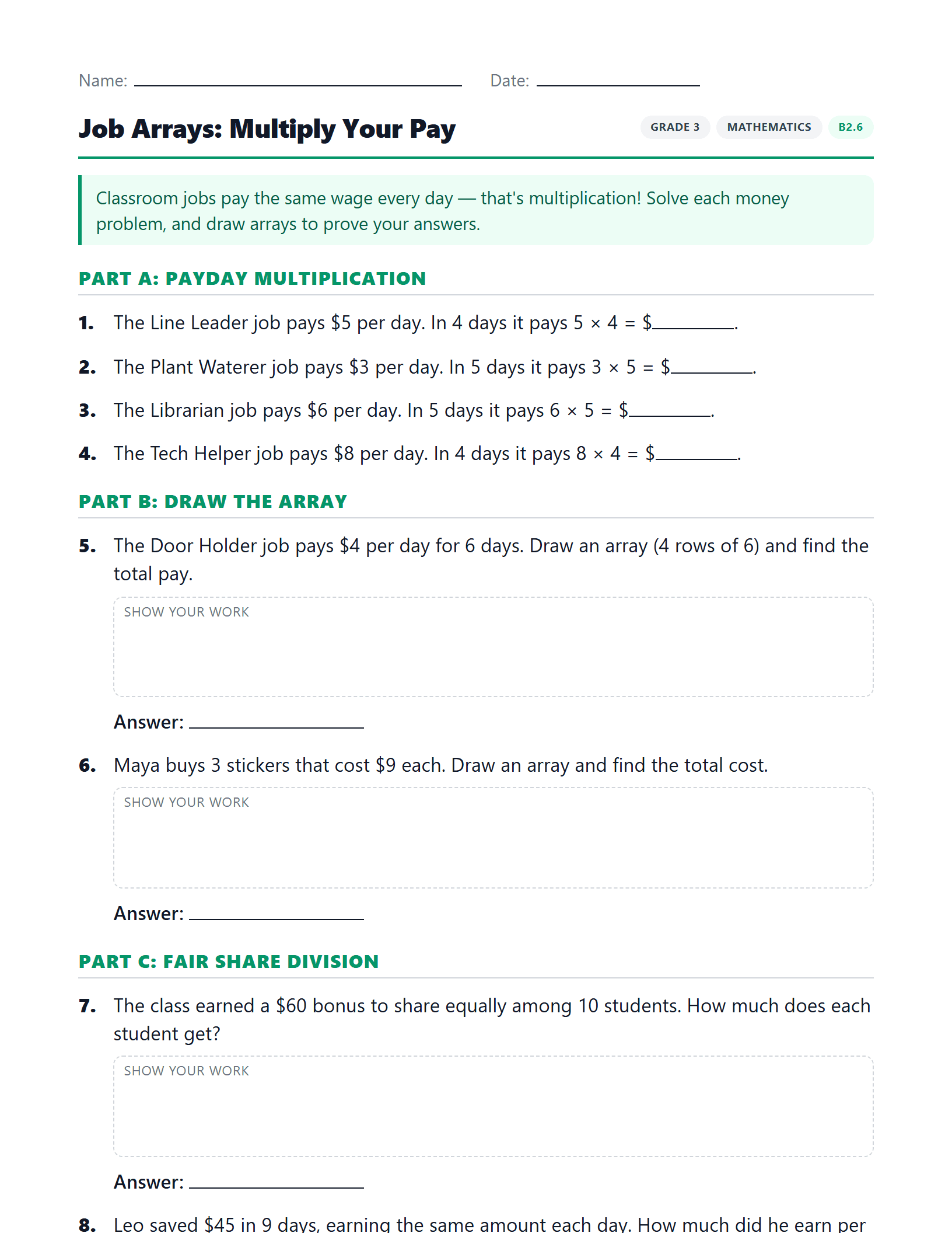 Preview of Job Arrays: Multiply Your Pay worksheet