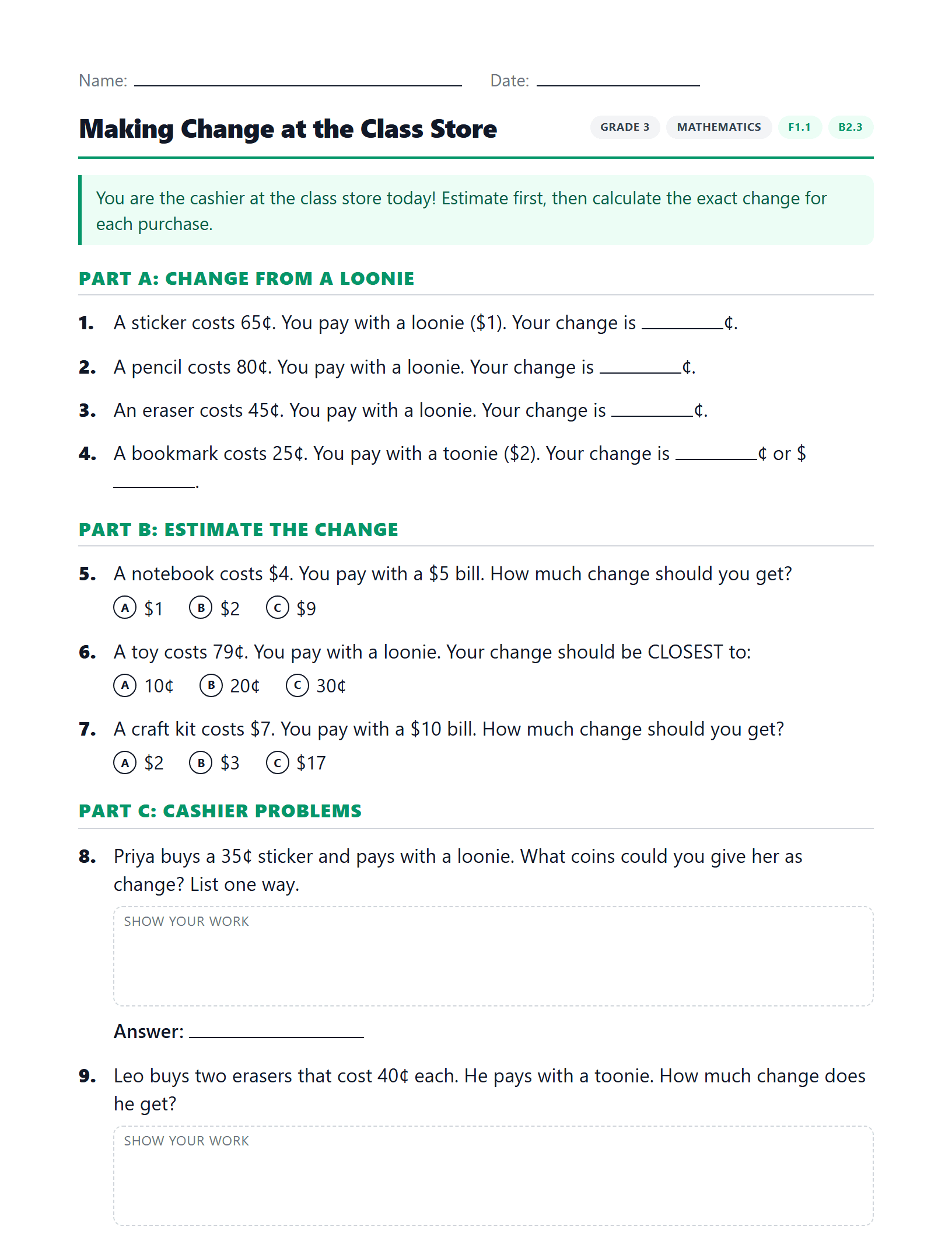 Preview of Making Change at the Class Store worksheet