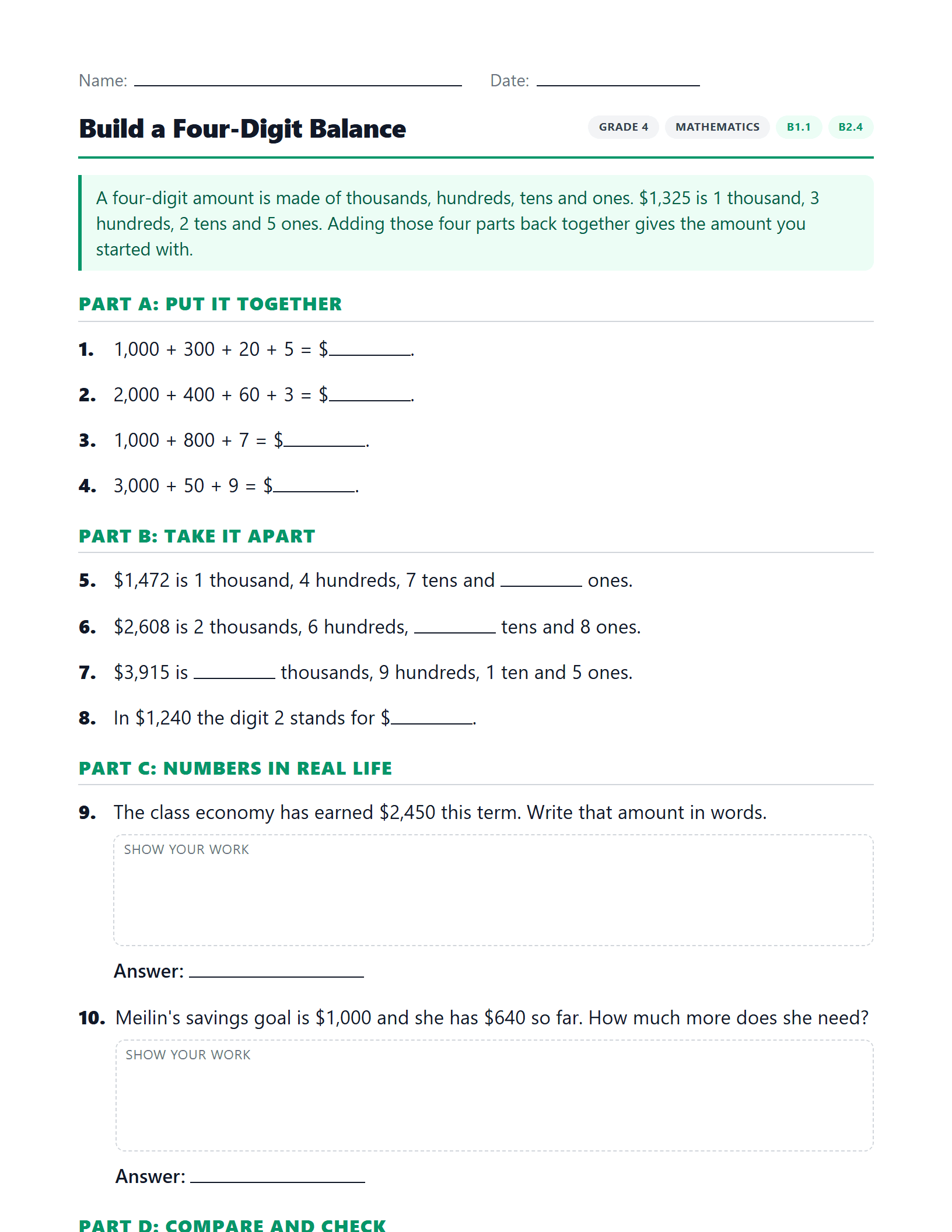 Preview of Build a Four-Digit Balance worksheet