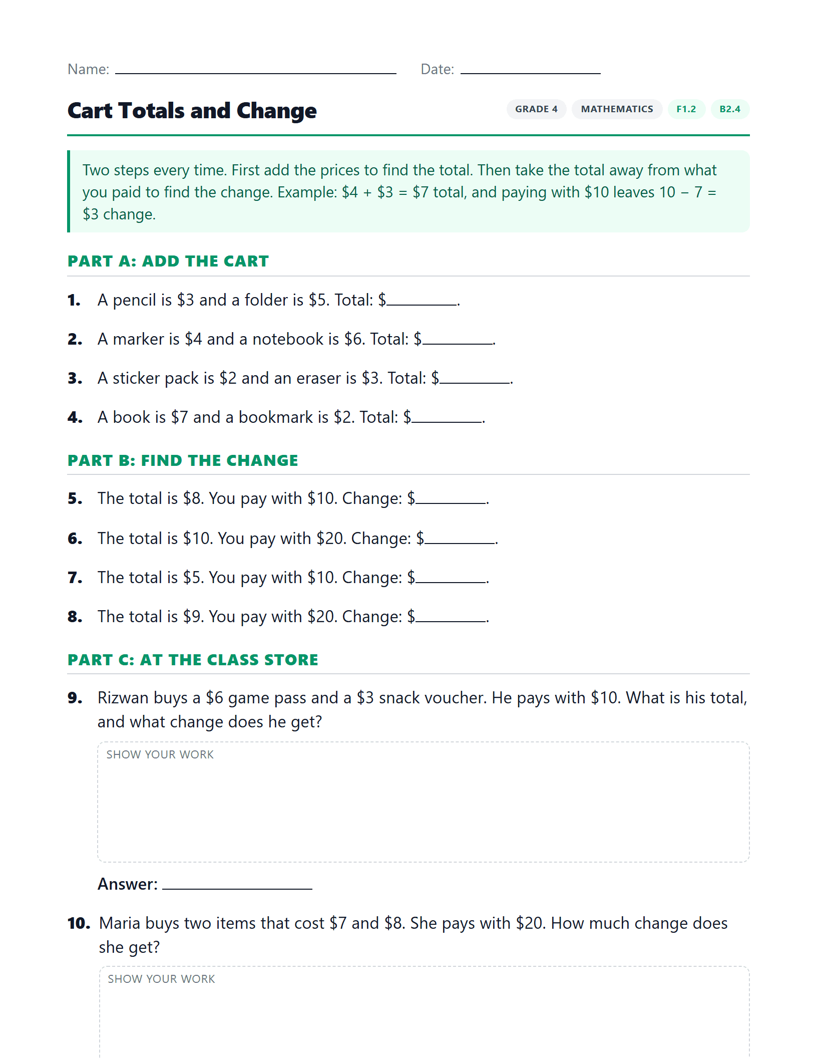 Preview of Cart Totals and Change worksheet