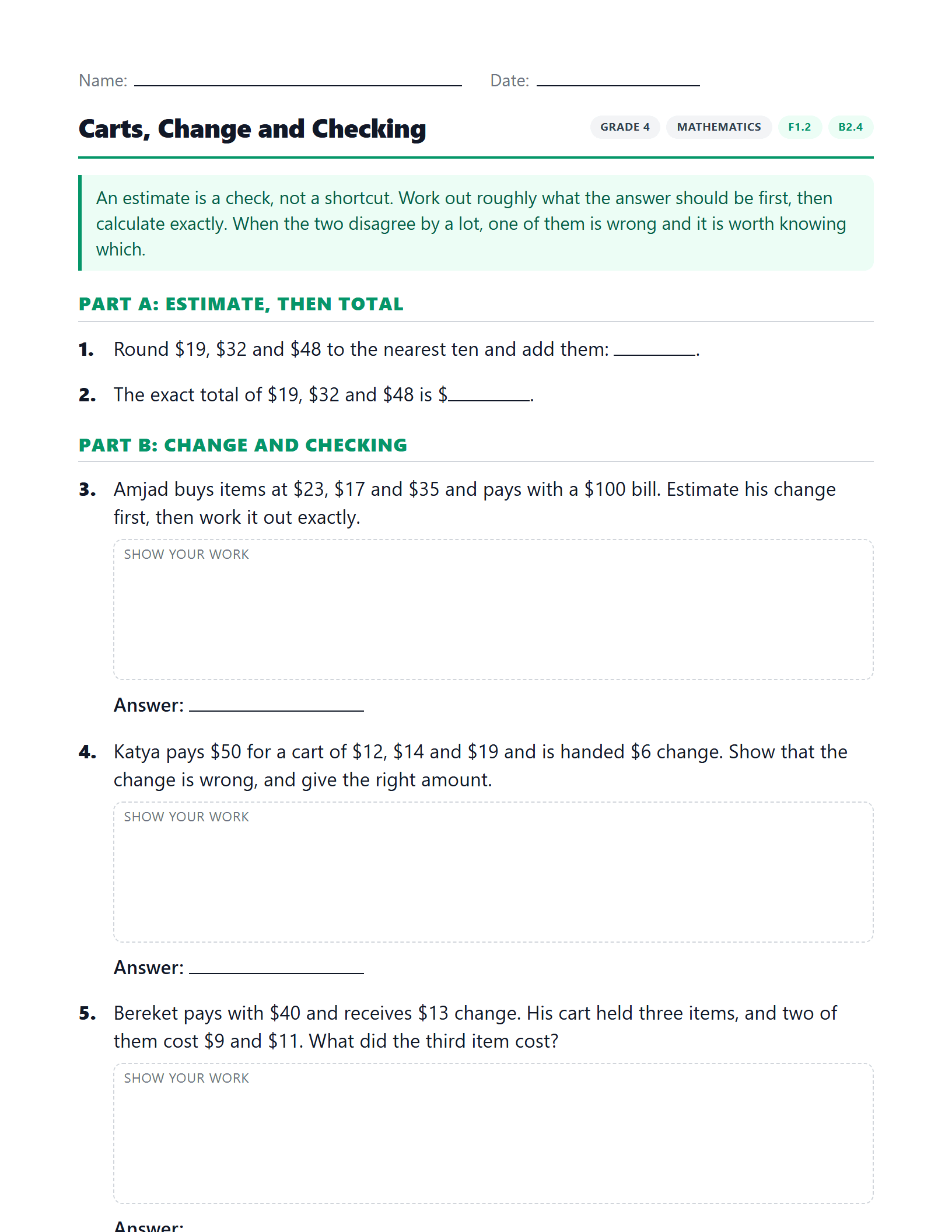 Preview of Carts, Change and Checking worksheet