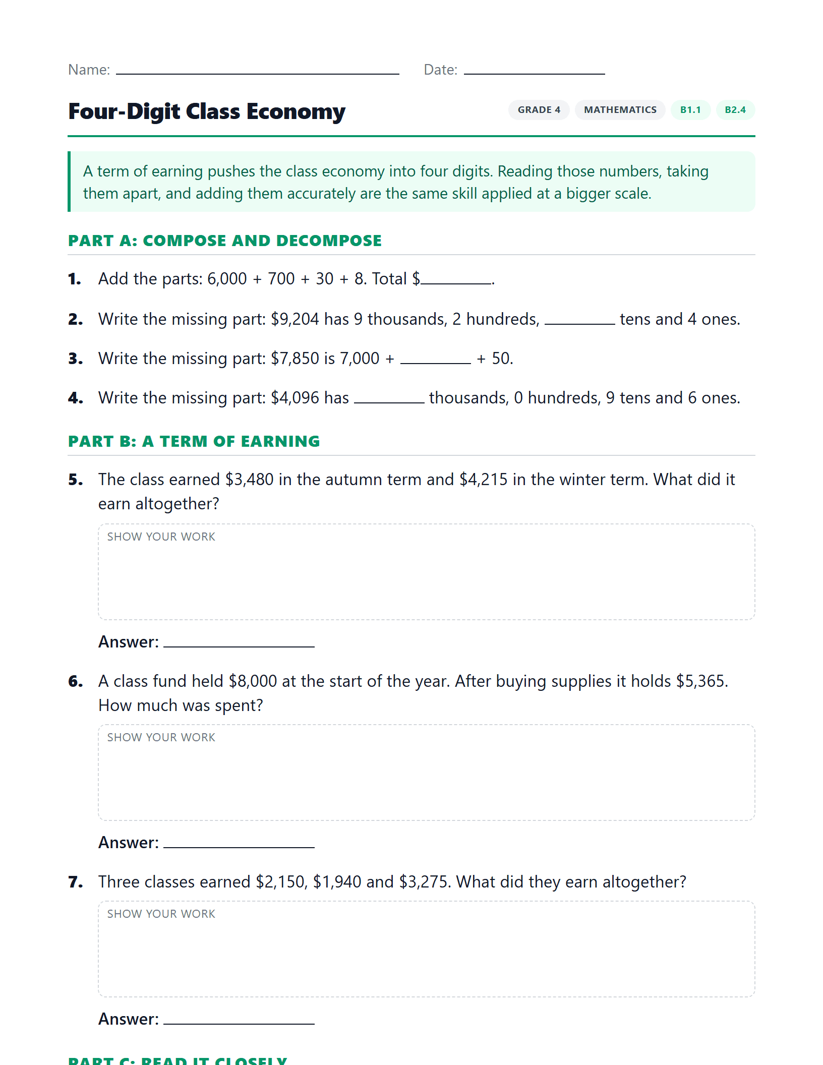 Preview of Four-Digit Class Economy worksheet
