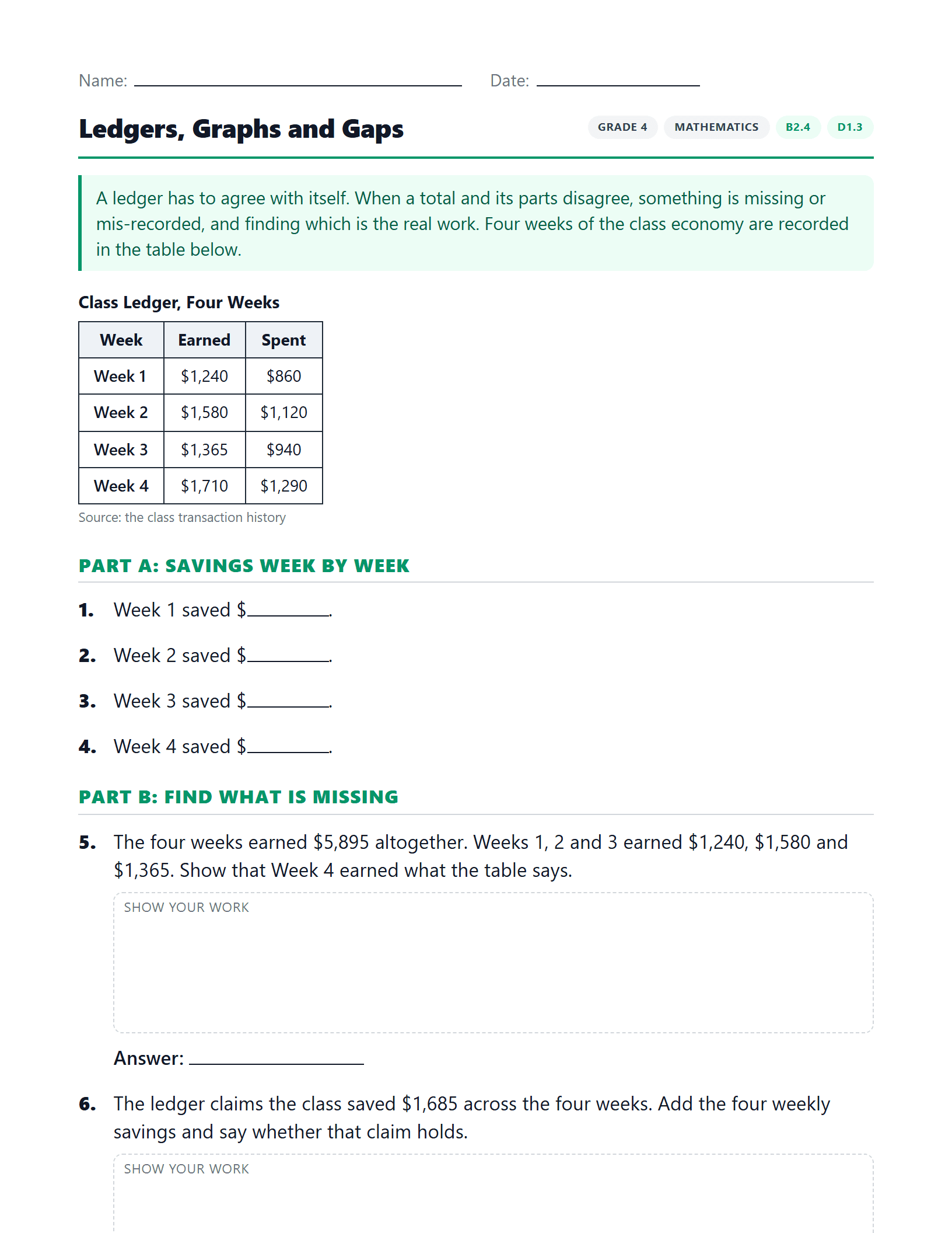 Preview of Ledgers, Graphs and Gaps worksheet