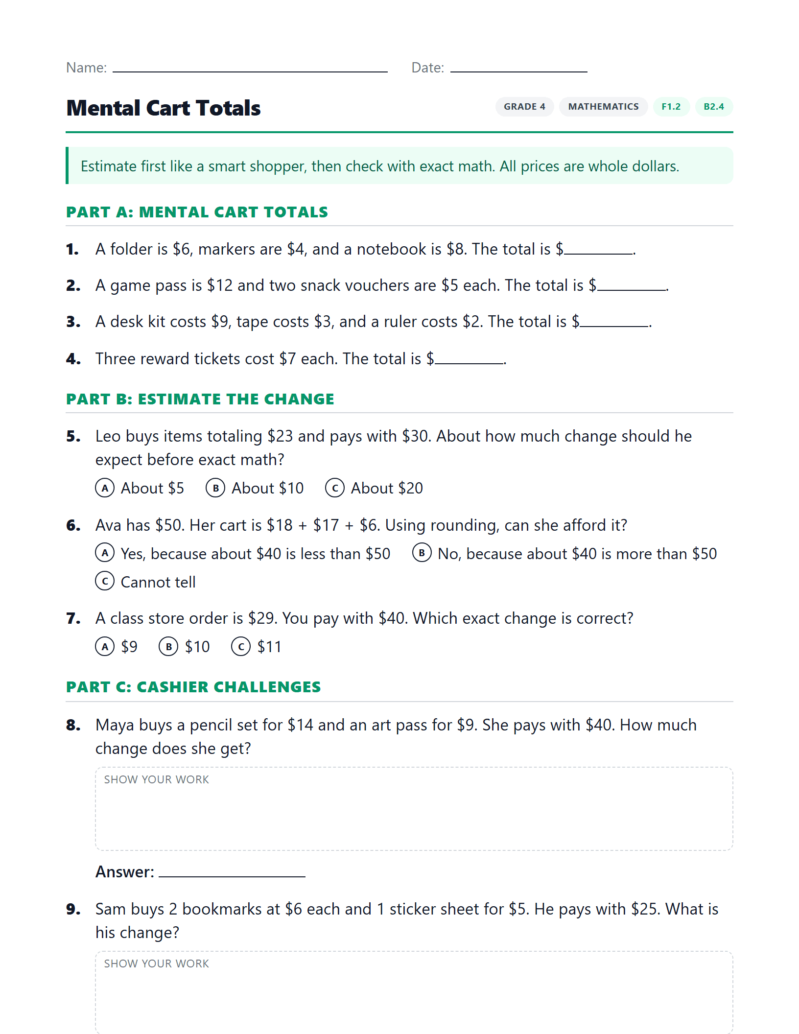 Preview of Mental Cart Totals worksheet