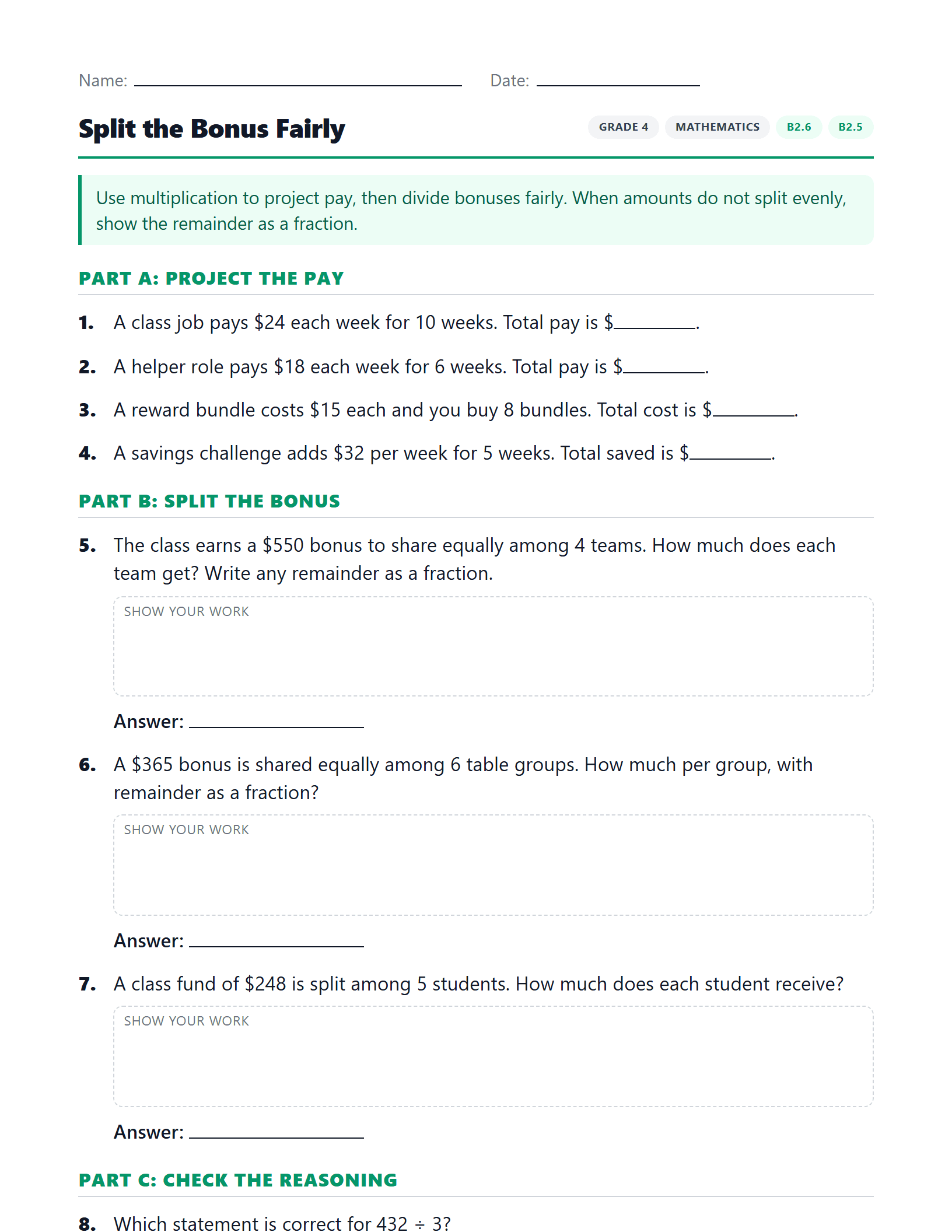 Preview of Split the Bonus Fairly worksheet