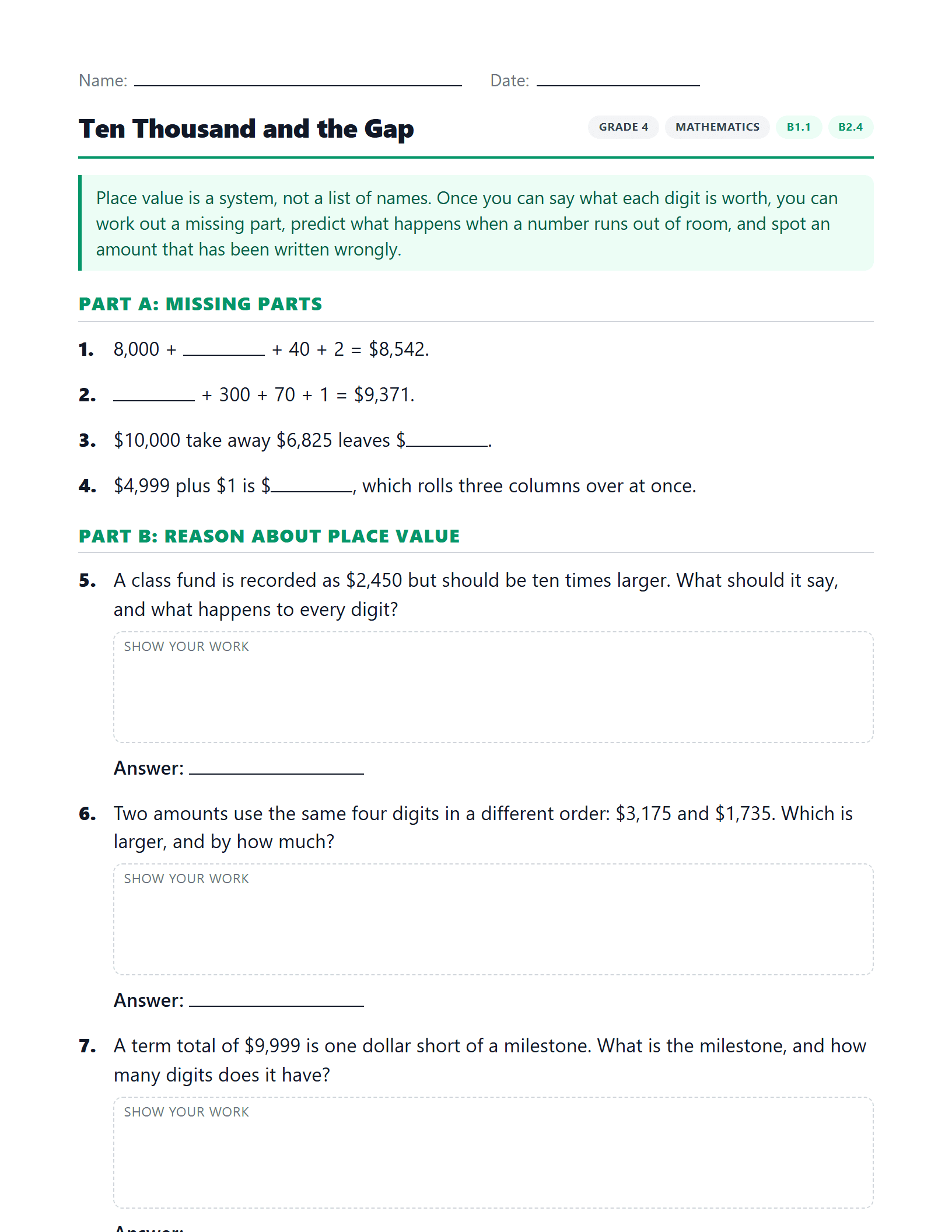 Preview of Ten Thousand and the Gap worksheet