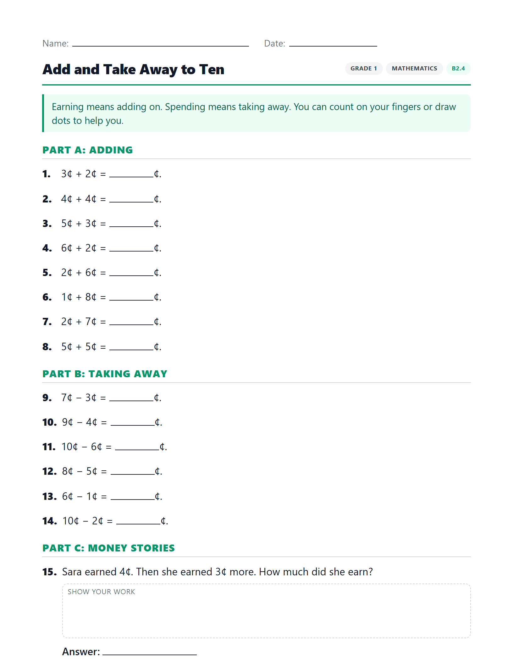 Preview of Add and Take Away to Ten worksheet