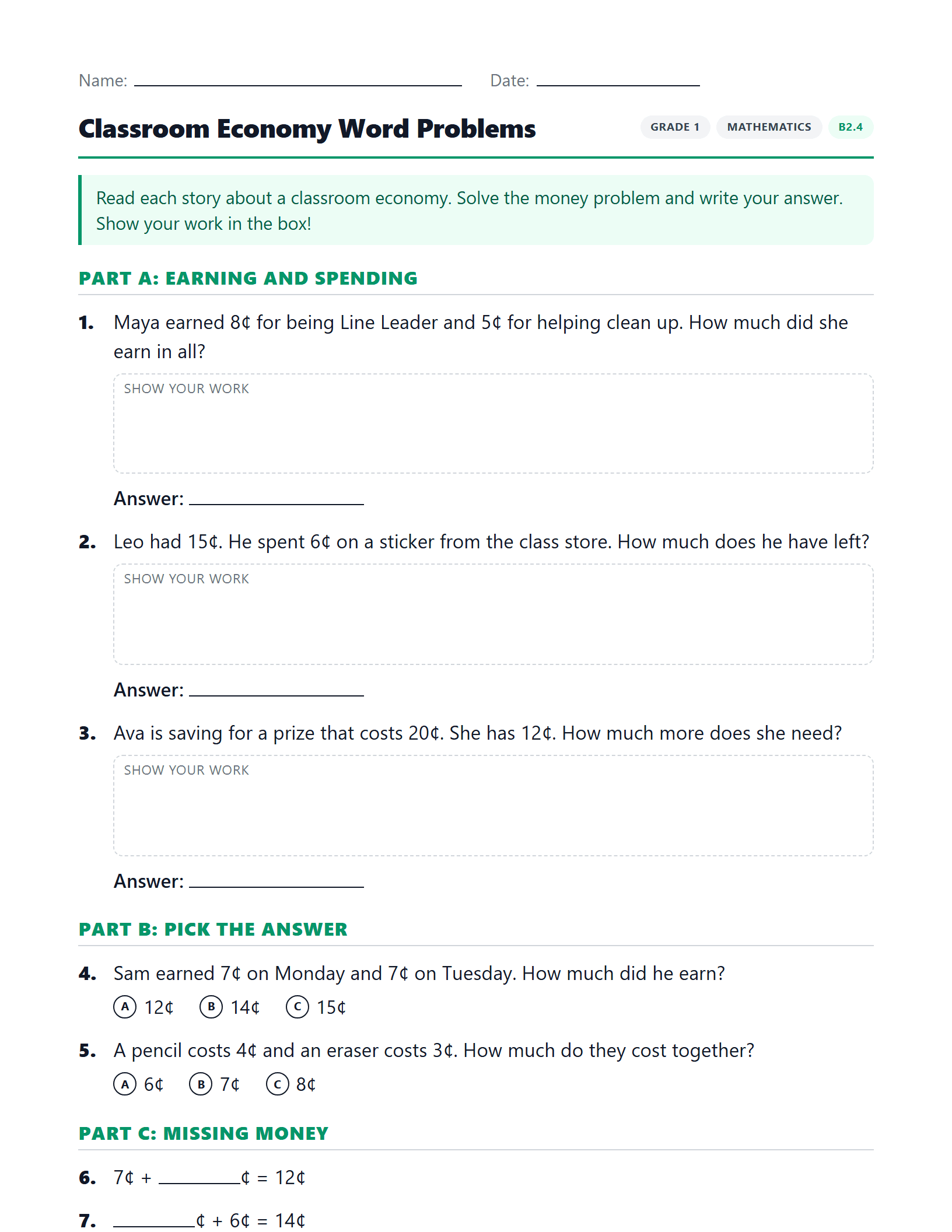 Preview of Classroom Economy Word Problems worksheet