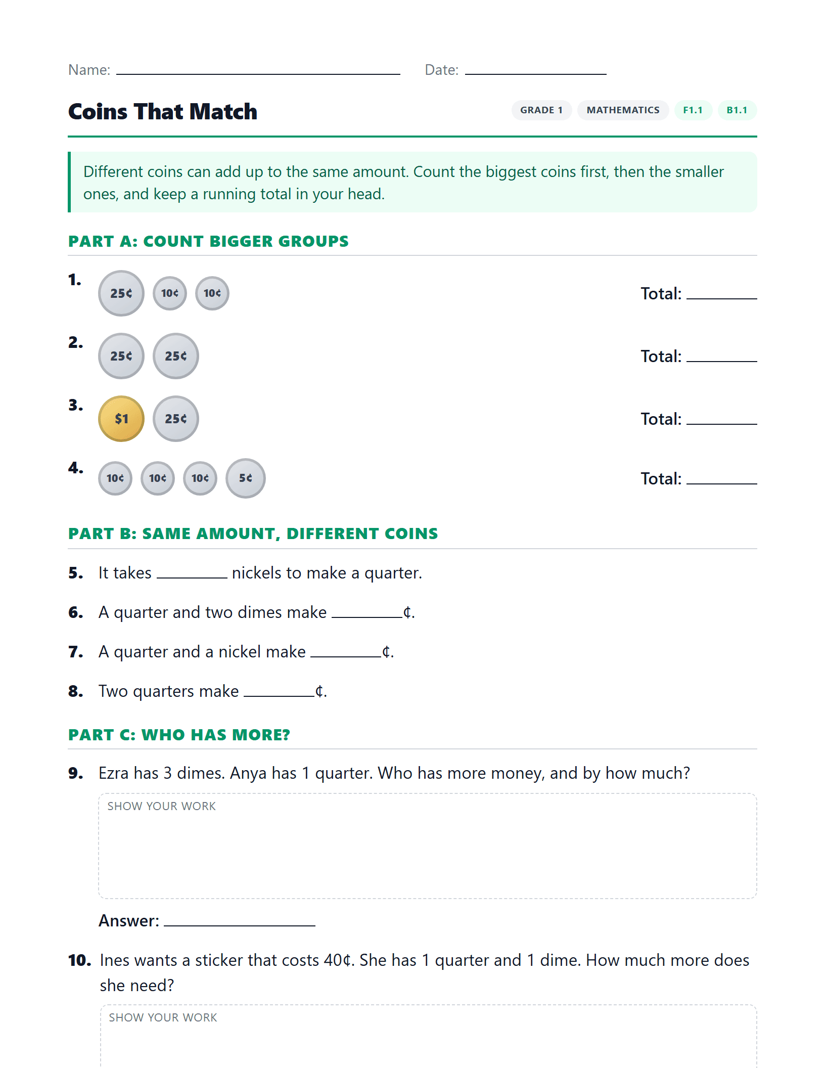 Preview of Coins That Match worksheet