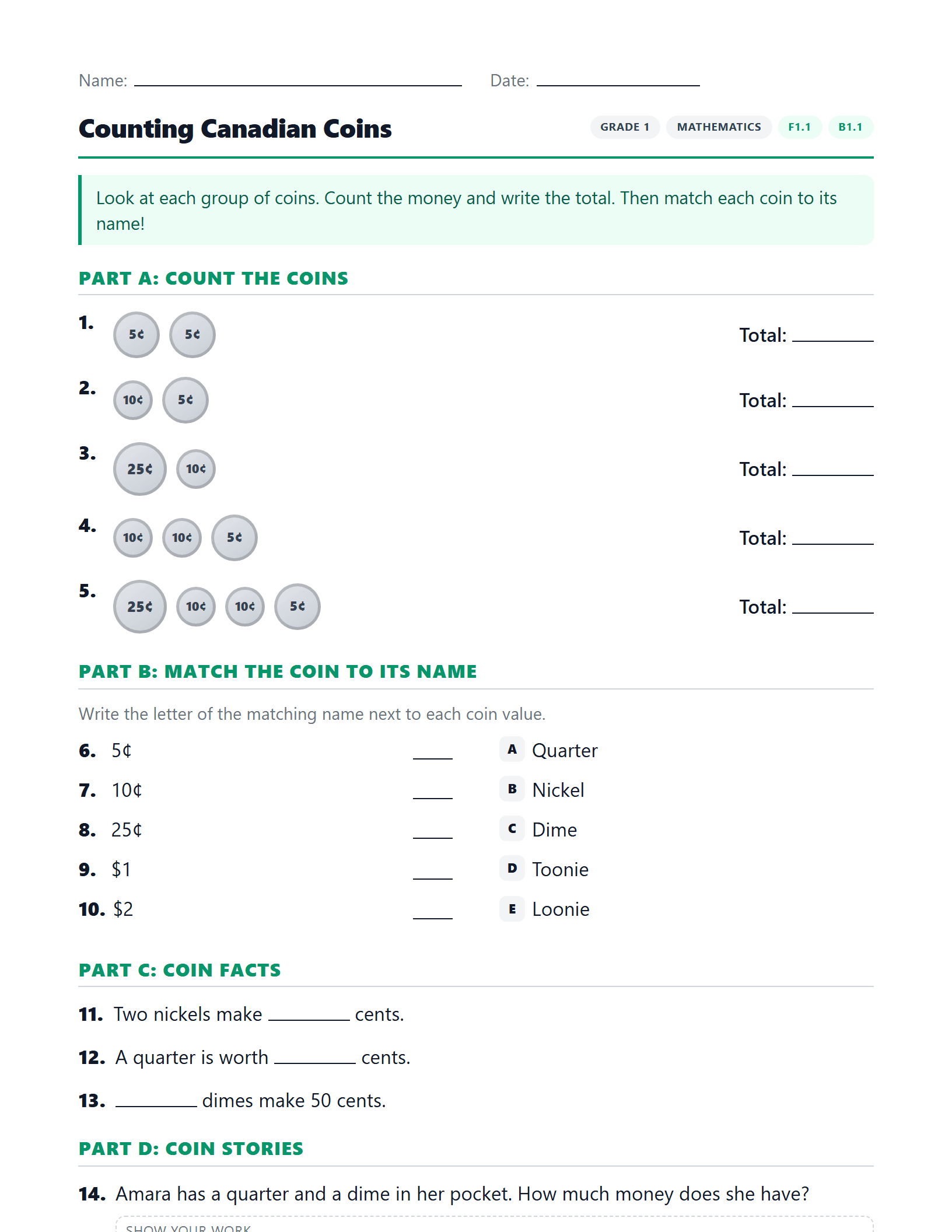 Preview of Counting Canadian Coins worksheet