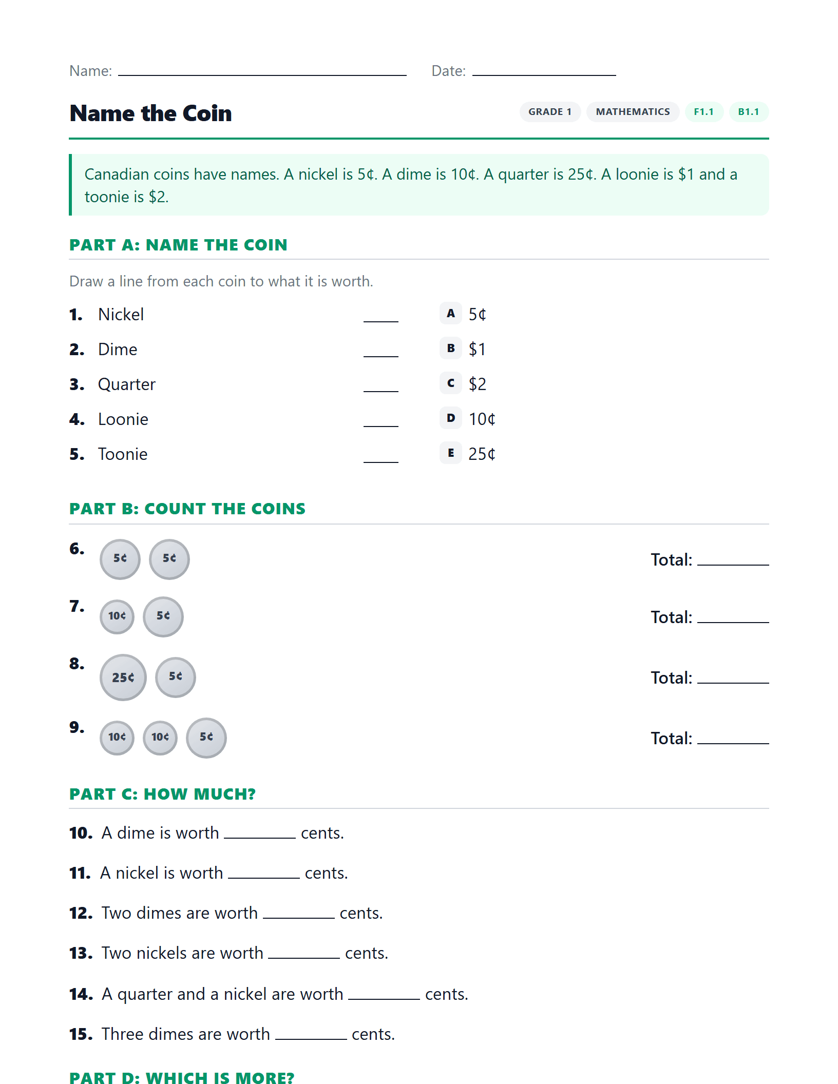 Preview of Name the Coin worksheet