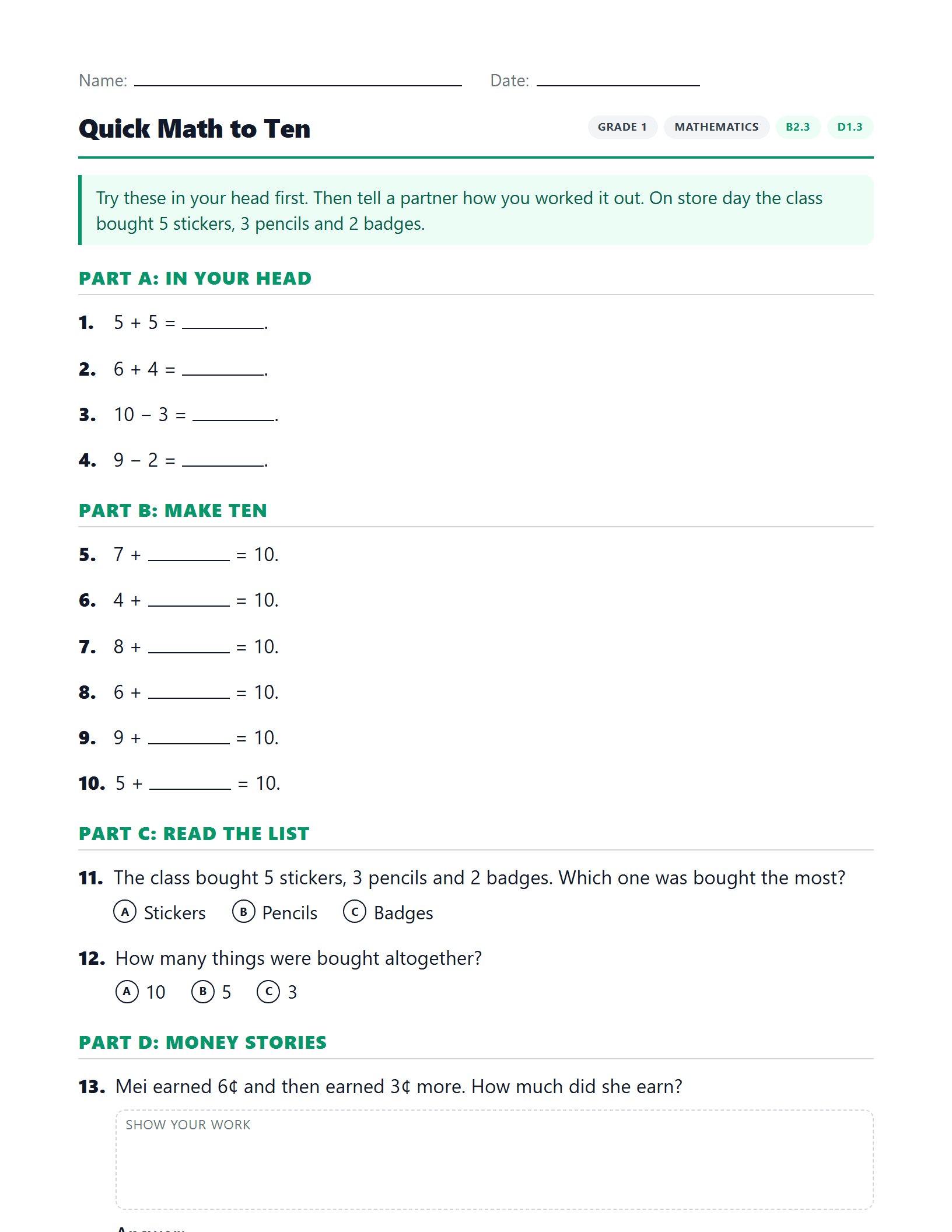 Preview of Quick Math to Ten worksheet