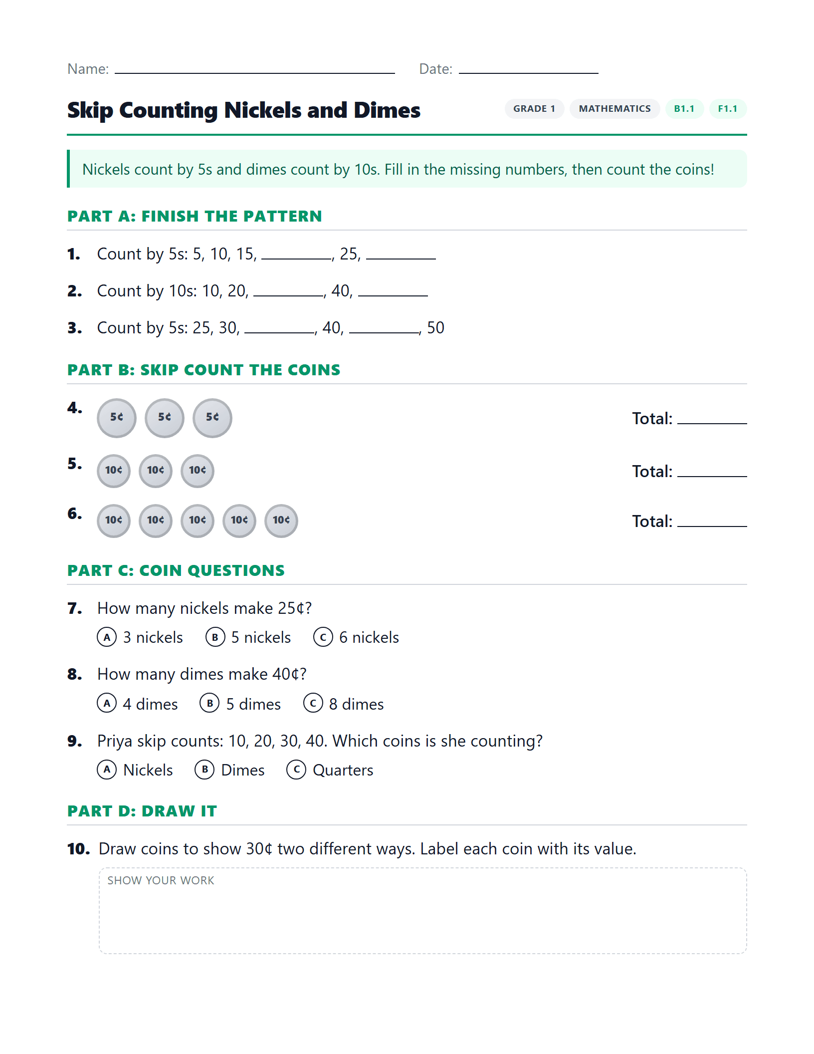 Preview of Skip Counting Nickels and Dimes worksheet