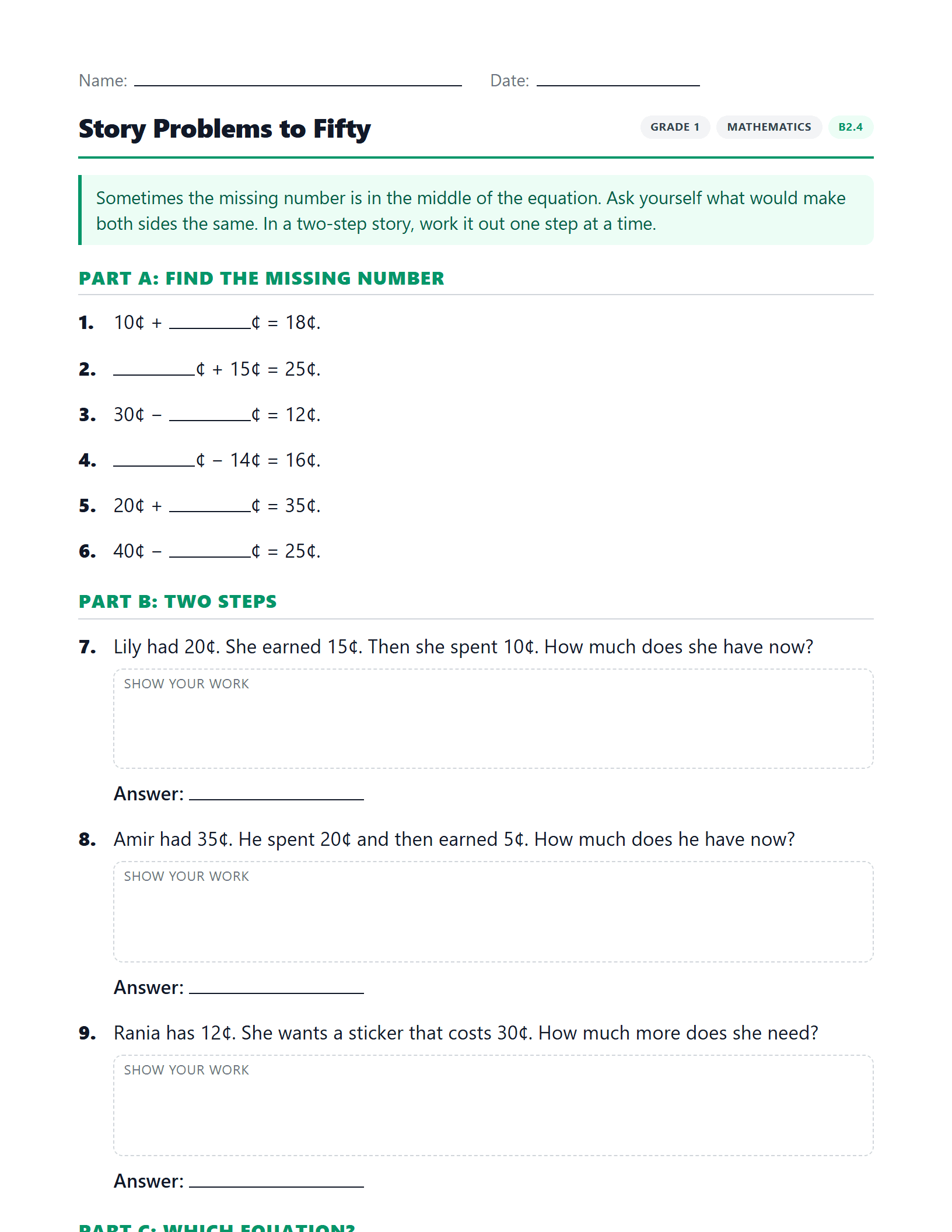 Preview of Story Problems to Fifty worksheet
