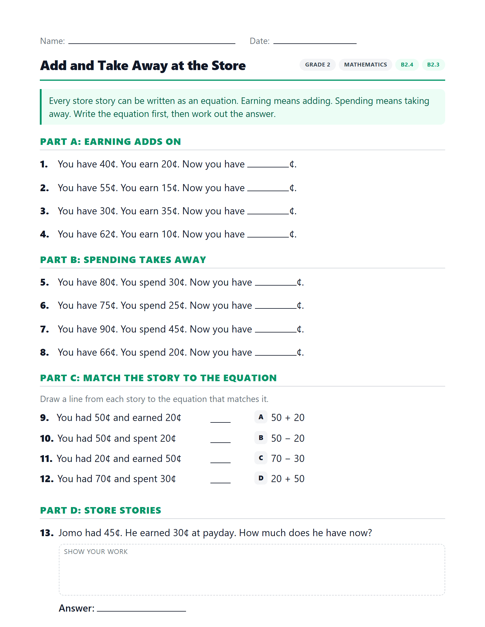 Preview of Add and Take Away at the Store worksheet