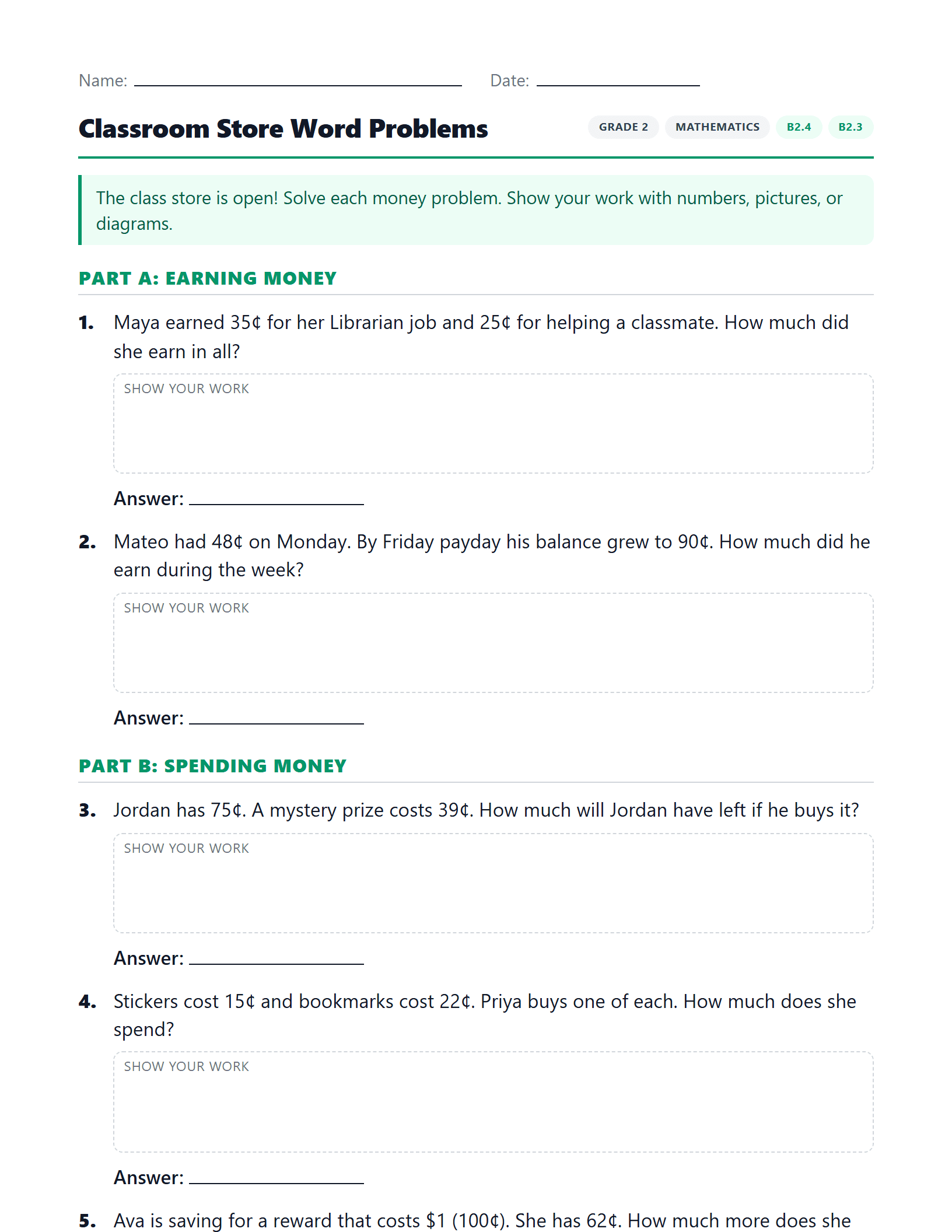 Preview of Classroom Store Word Problems worksheet