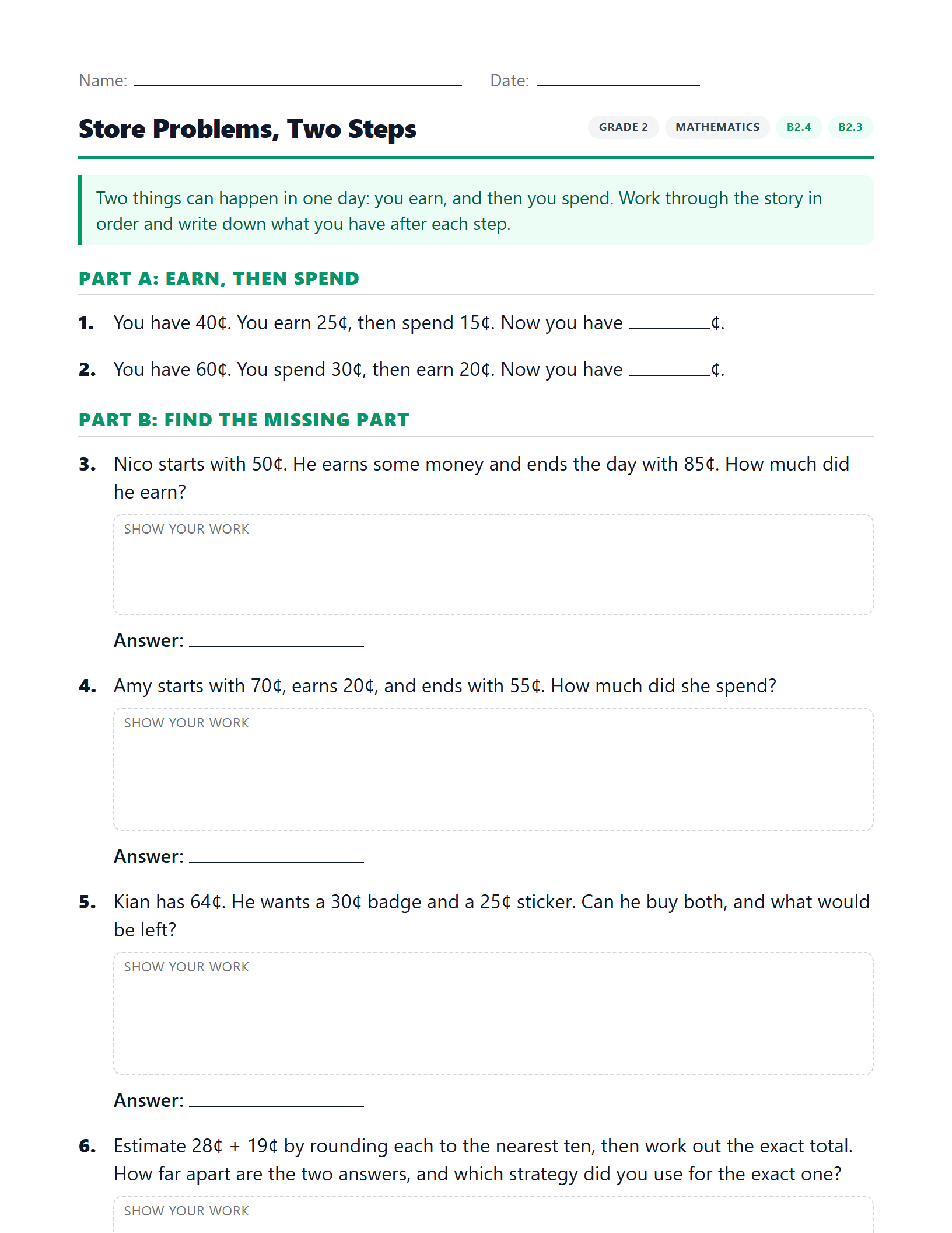 Preview of Store Problems, Two Steps worksheet