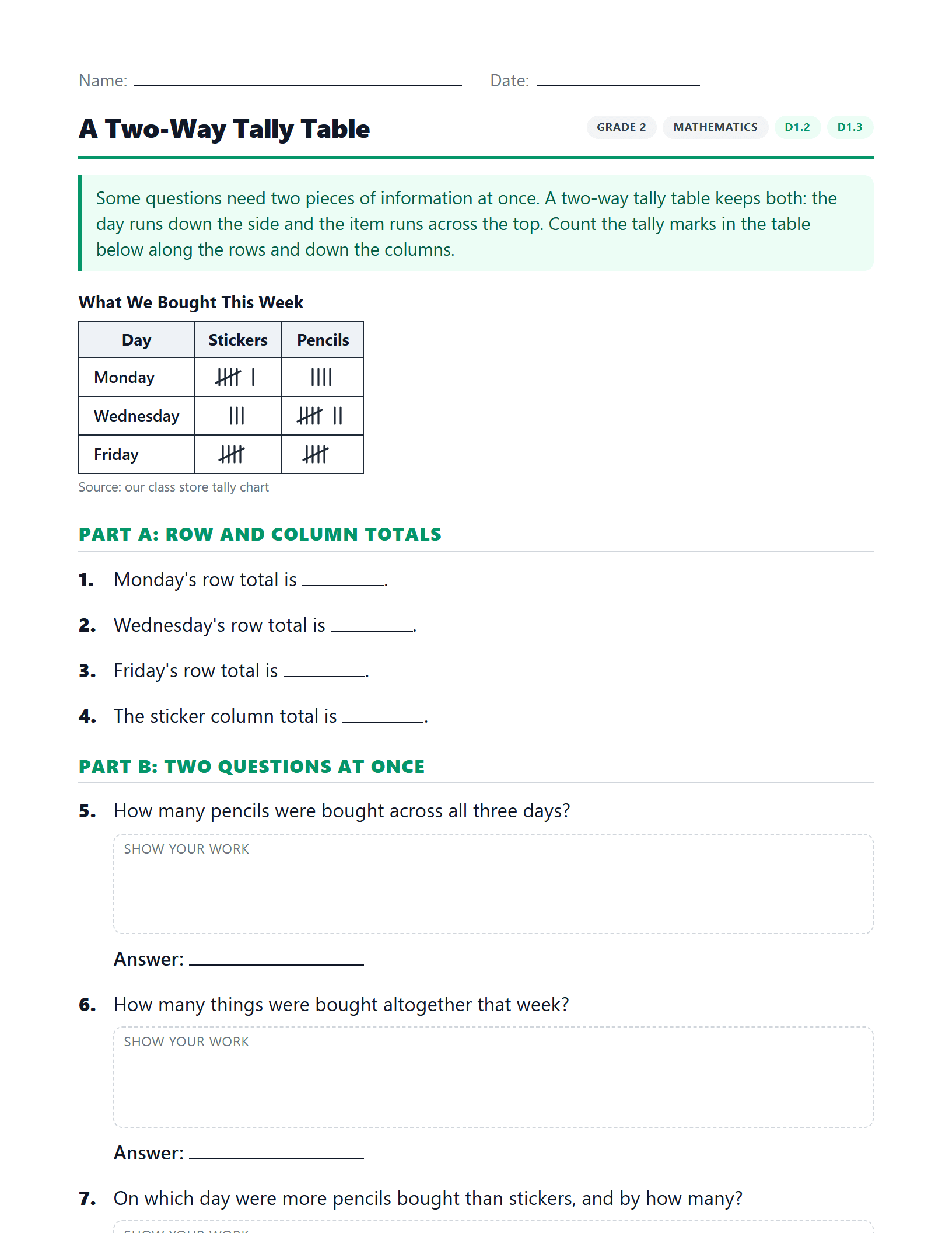 Preview of A Two-Way Tally Table worksheet
