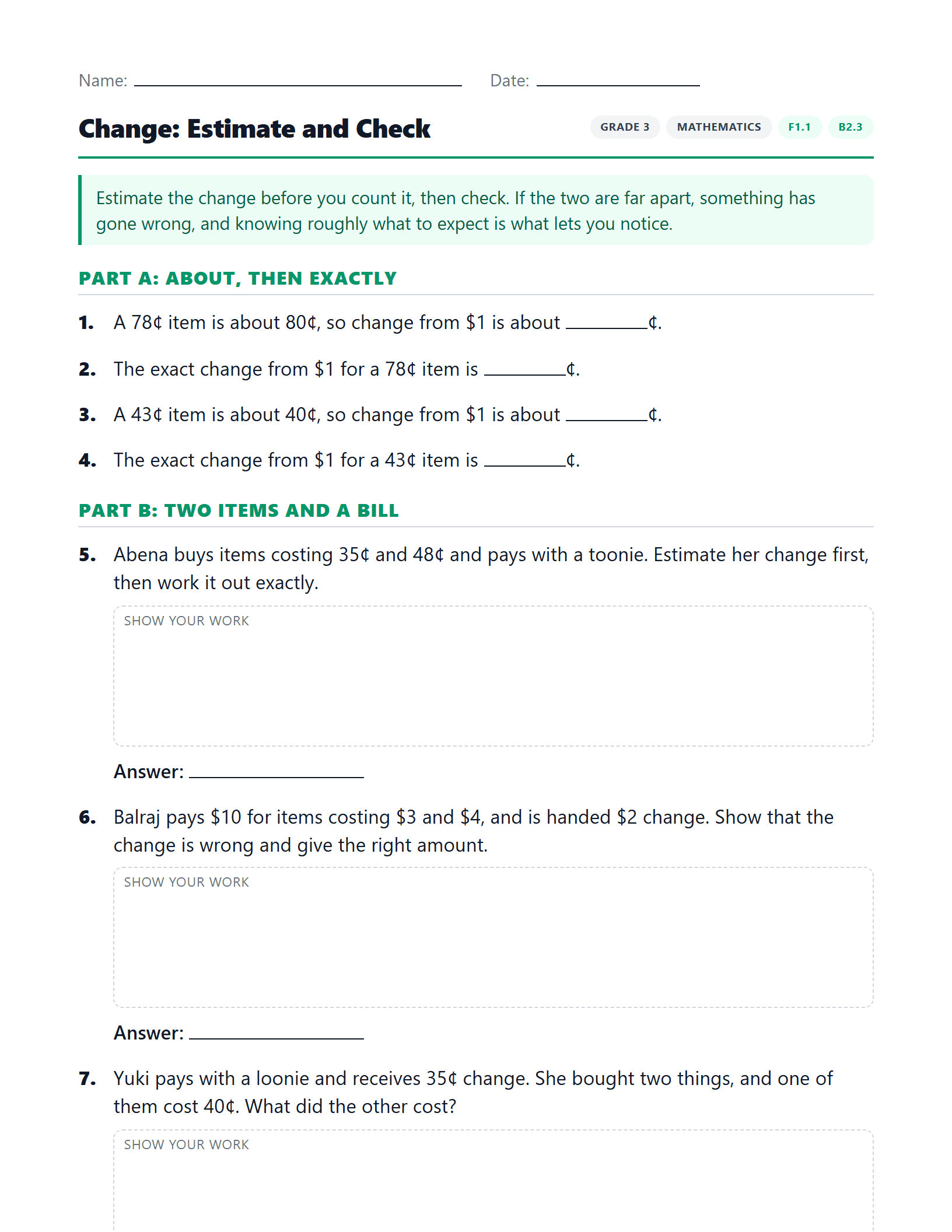 Preview of Change: Estimate and Check worksheet