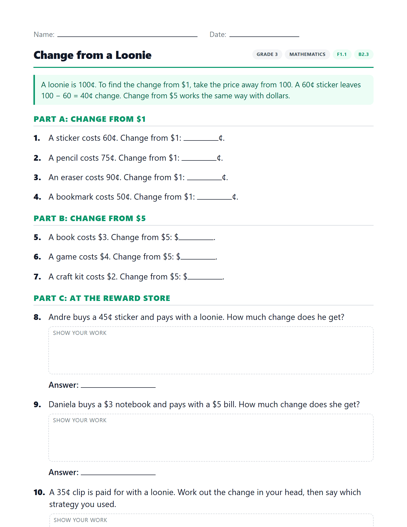 Preview of Change from a Loonie worksheet