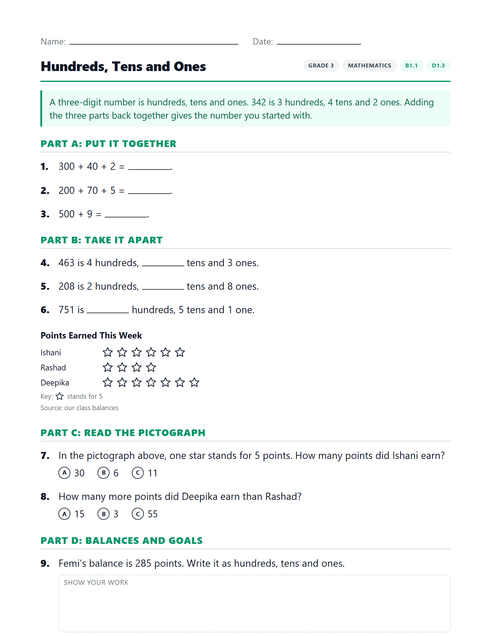 Preview of Hundreds, Tens and Ones worksheet