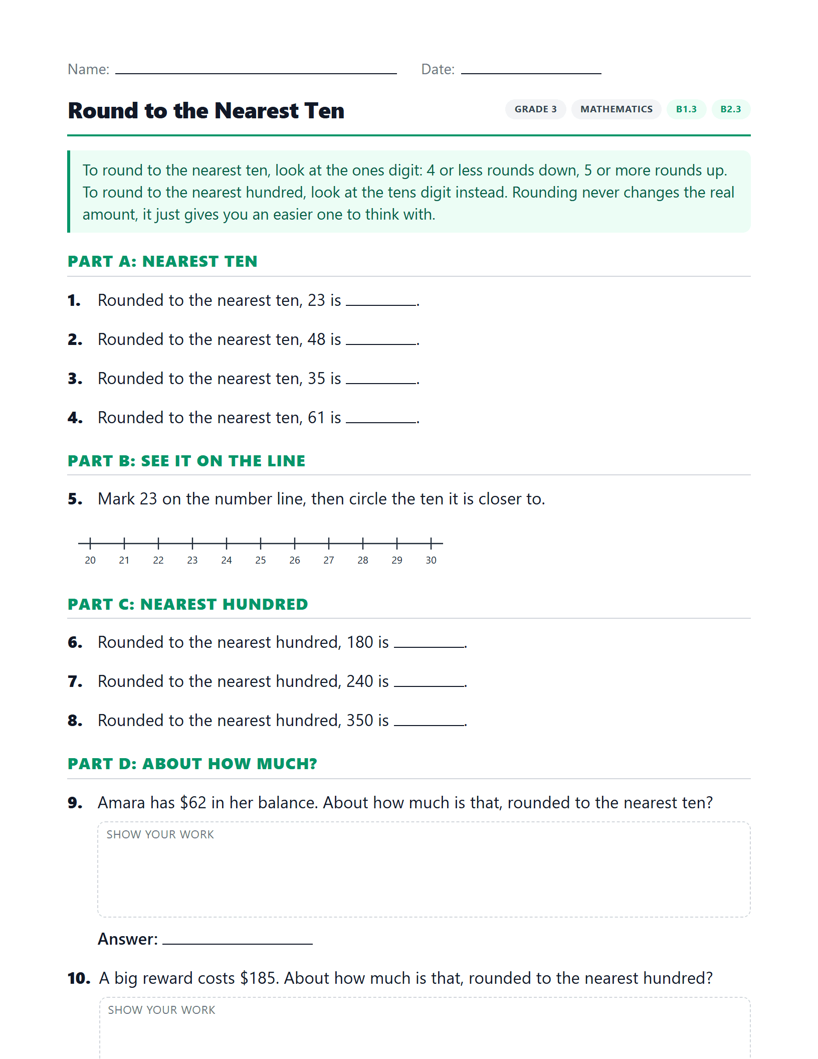 Preview of Round to the Nearest Ten worksheet