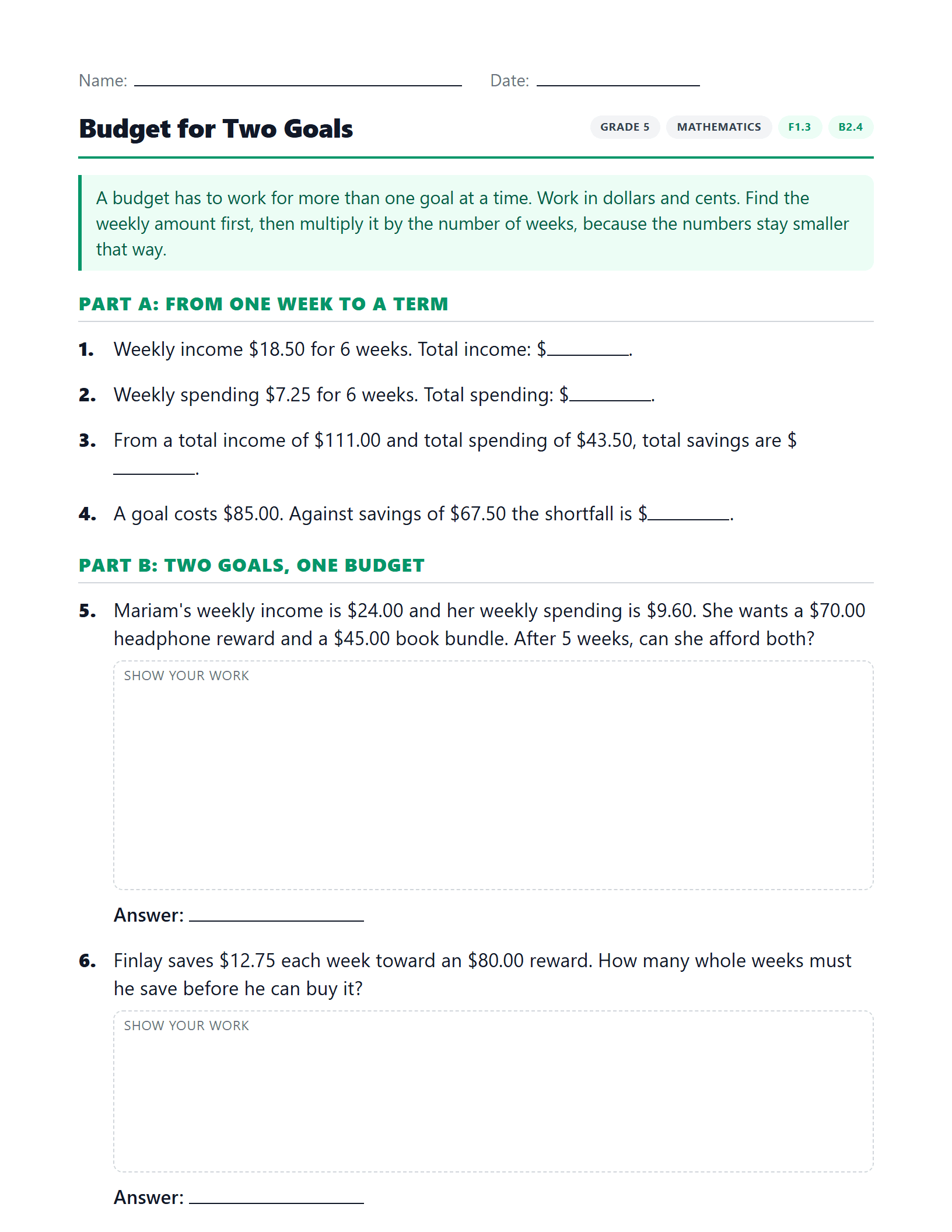 Preview of Budget for Two Goals worksheet