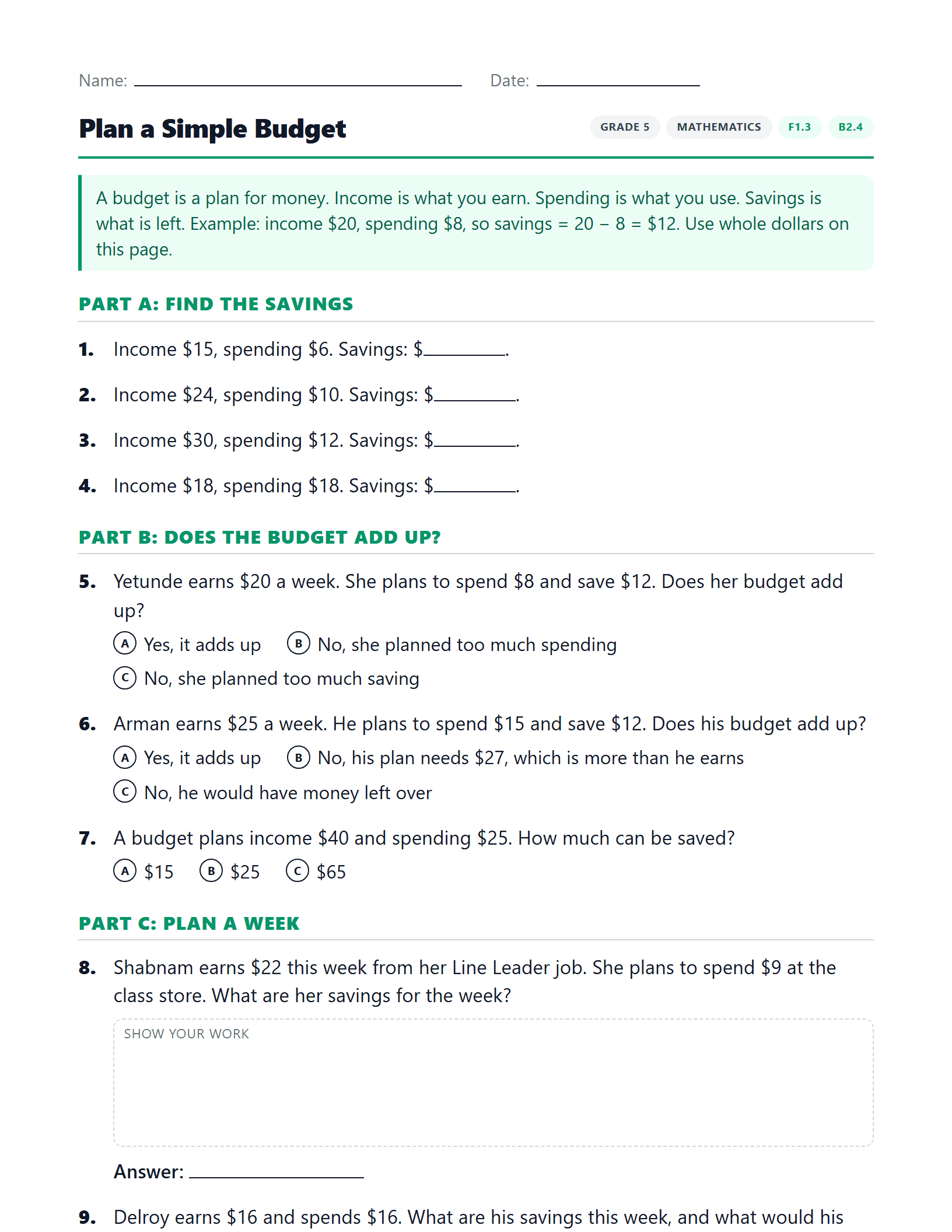 Preview of Plan a Simple Budget worksheet