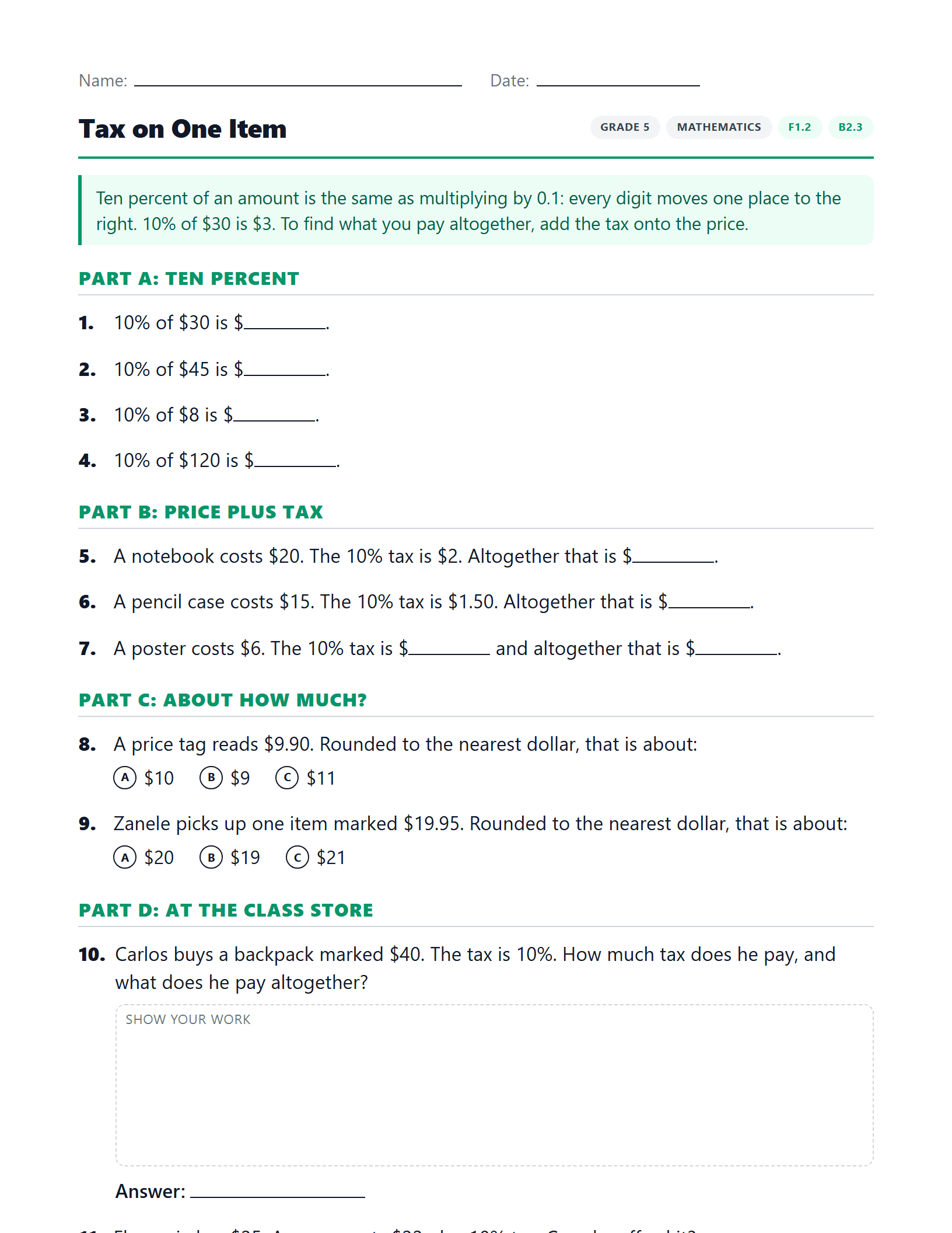 Preview of Tax on One Item worksheet