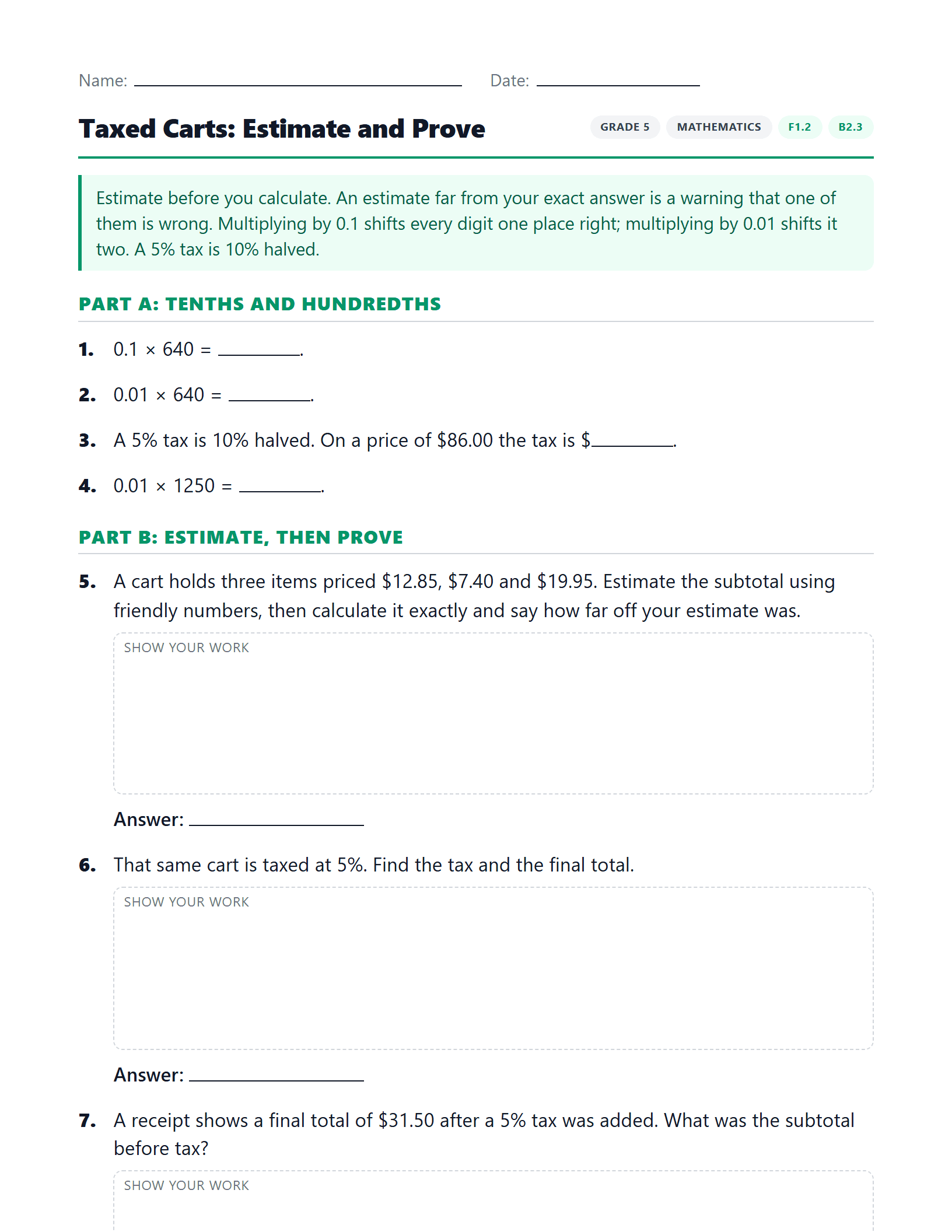 Preview of Taxed Carts: Estimate and Prove worksheet