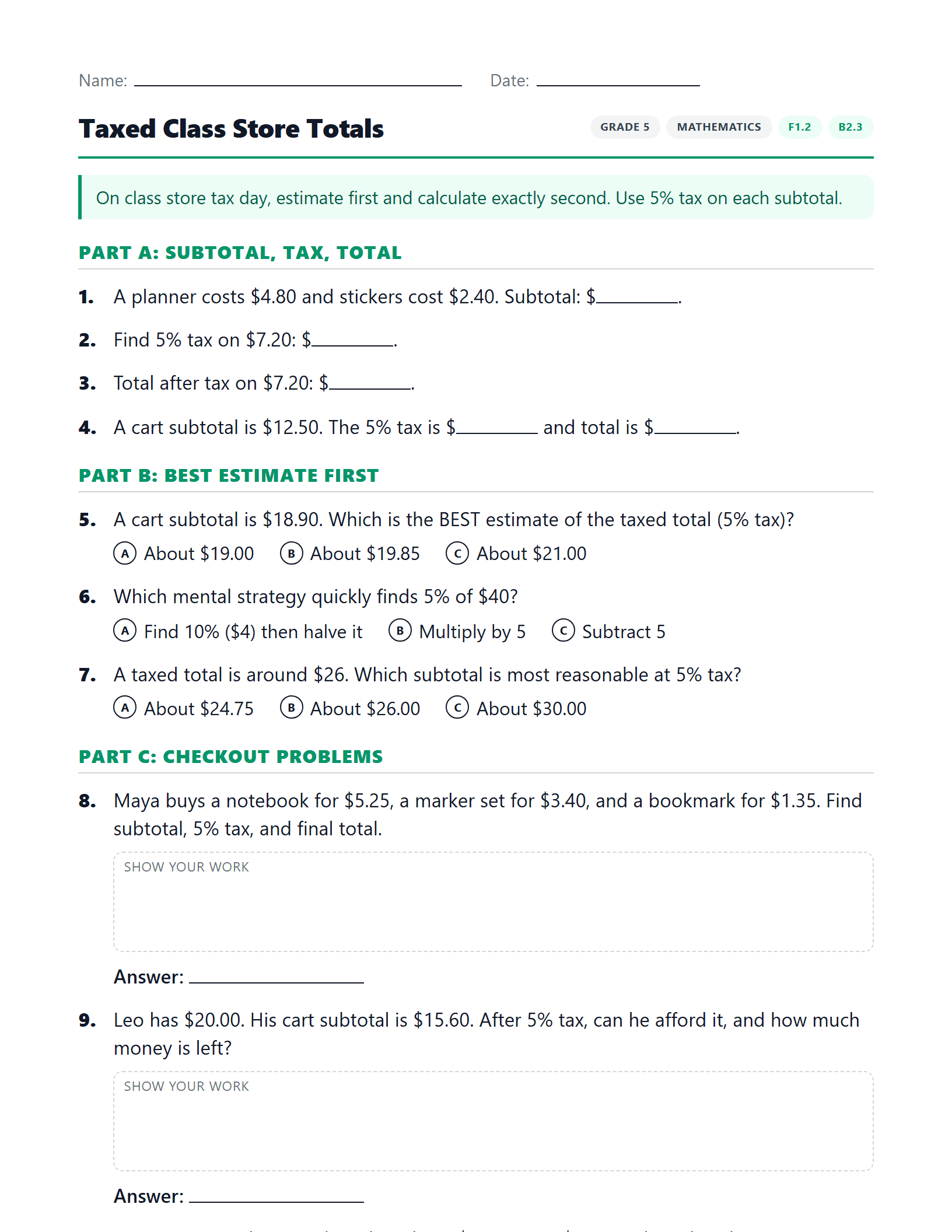 Preview of Taxed Class Store Totals worksheet