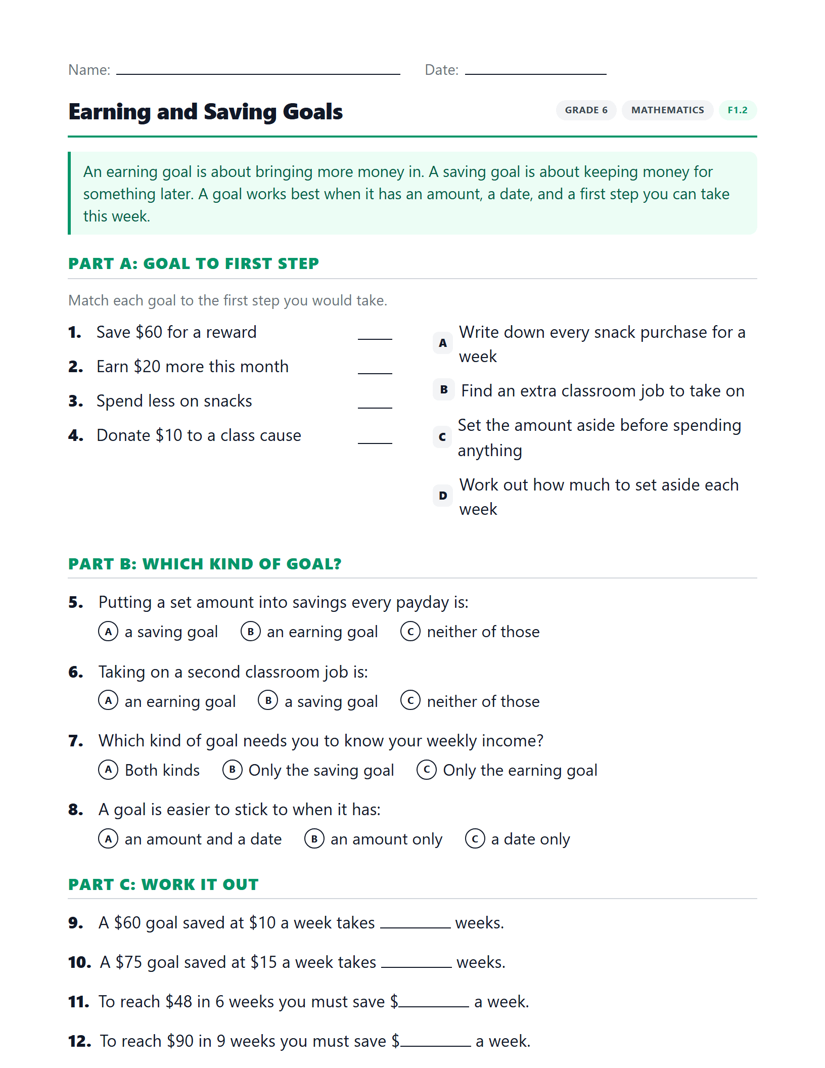 Preview of Earning and Saving Goals worksheet