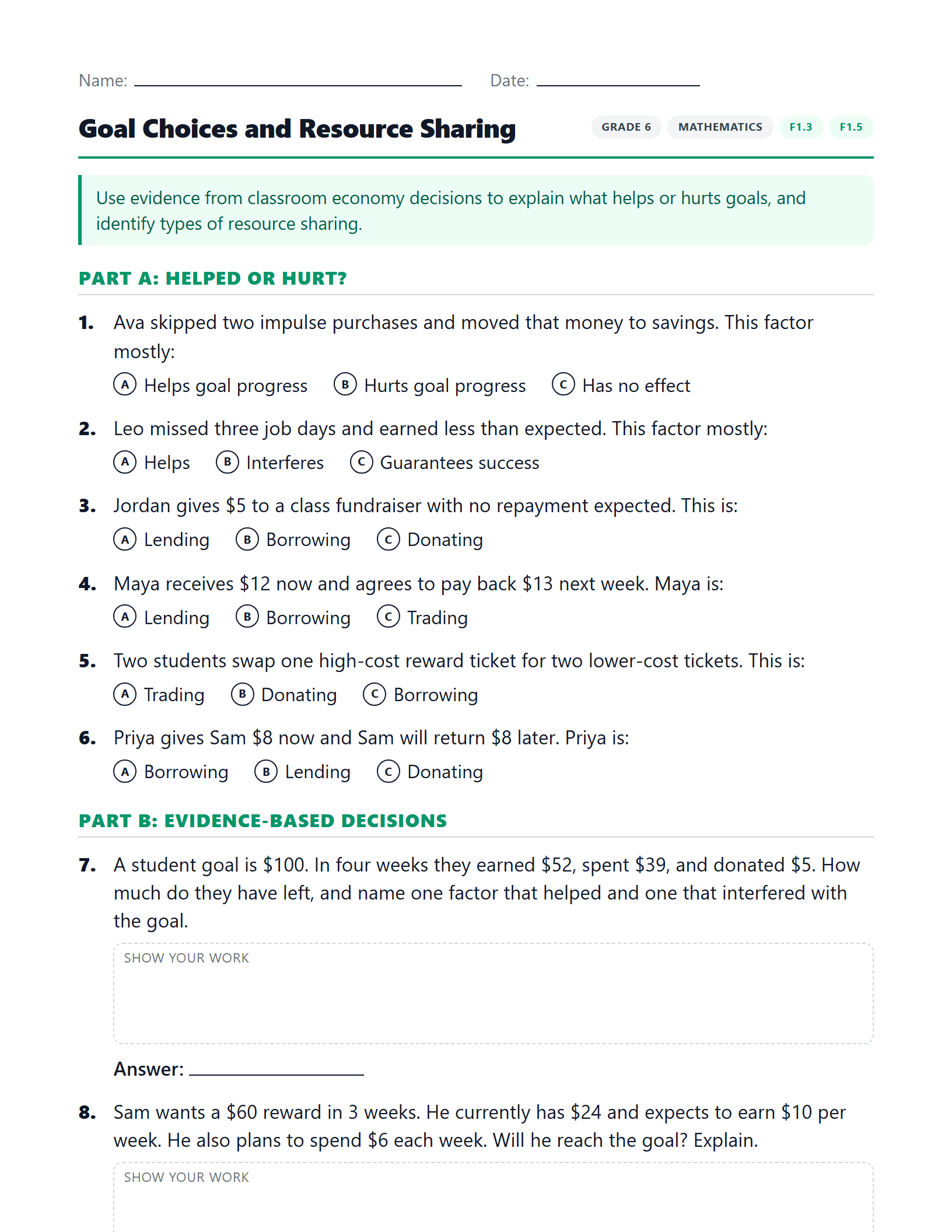 Preview of Goal Choices and Resource Sharing worksheet