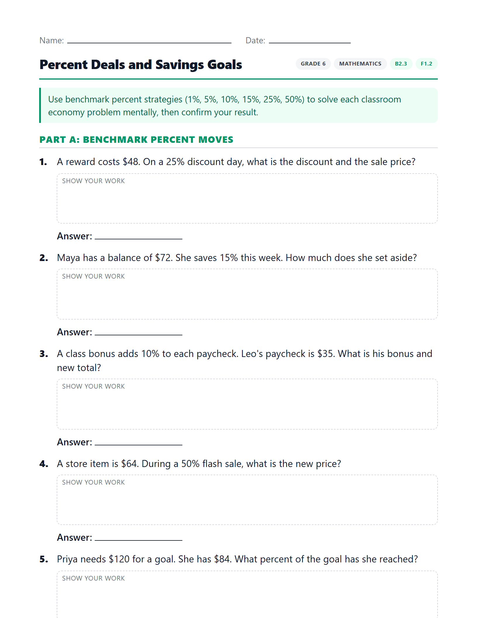 Preview of Percent Deals and Savings Goals worksheet