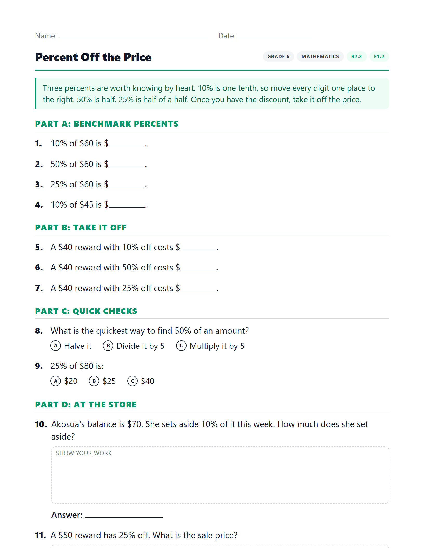 Preview of Percent Off the Price worksheet