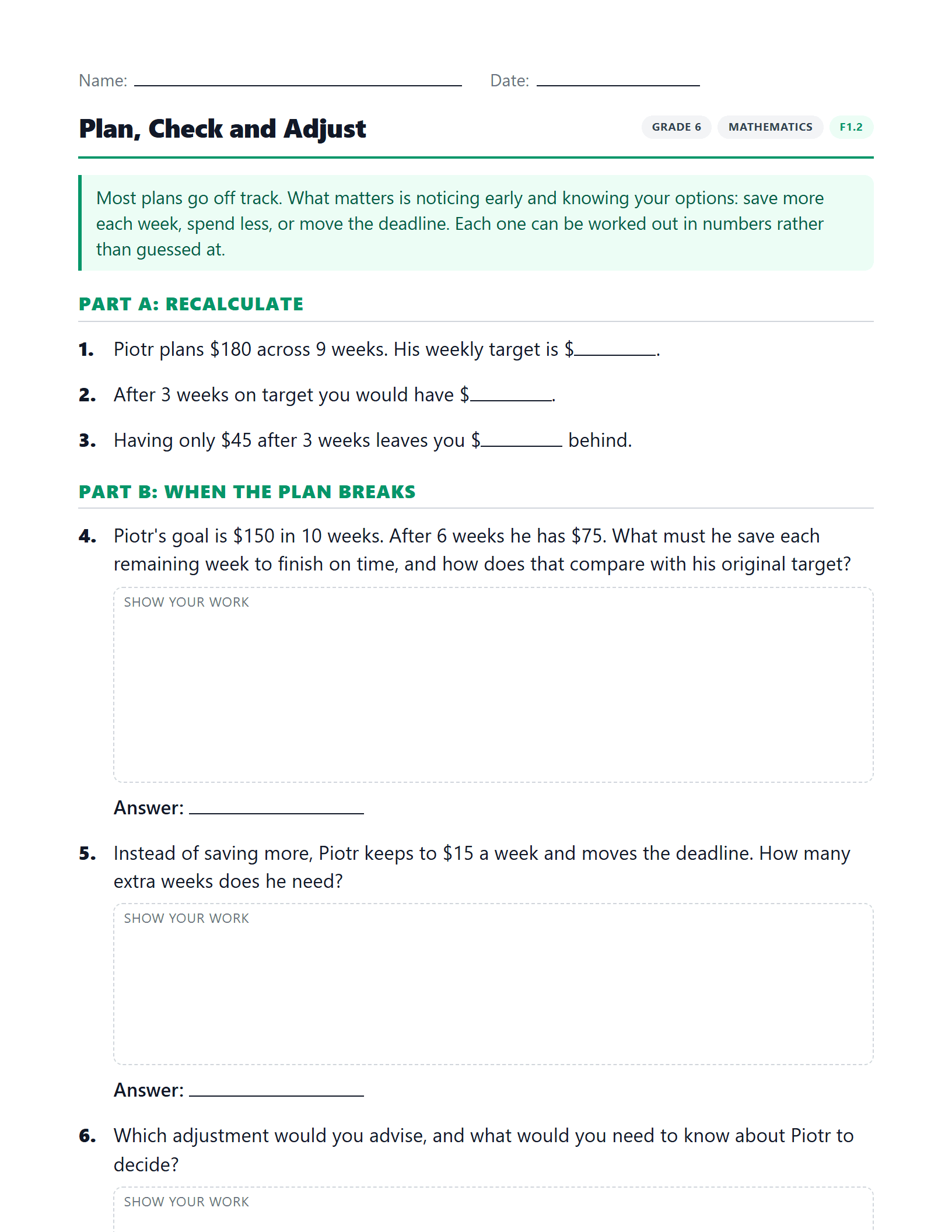 Preview of Plan, Check and Adjust worksheet