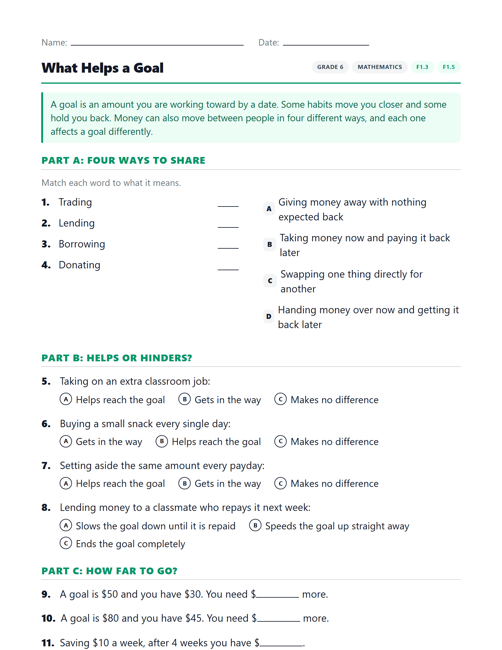 Preview of What Helps a Goal worksheet