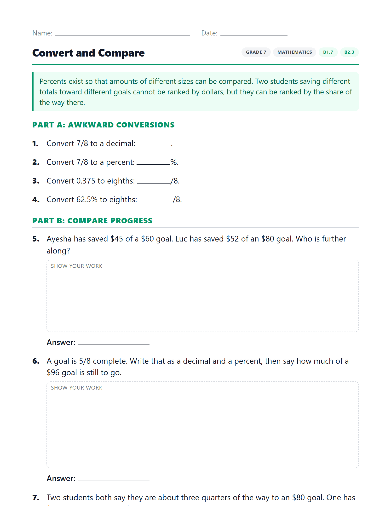 Preview of Convert and Compare worksheet