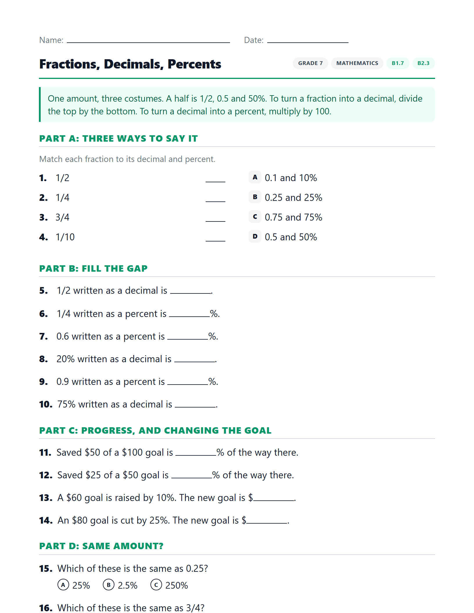Preview of Fractions, Decimals, Percents worksheet