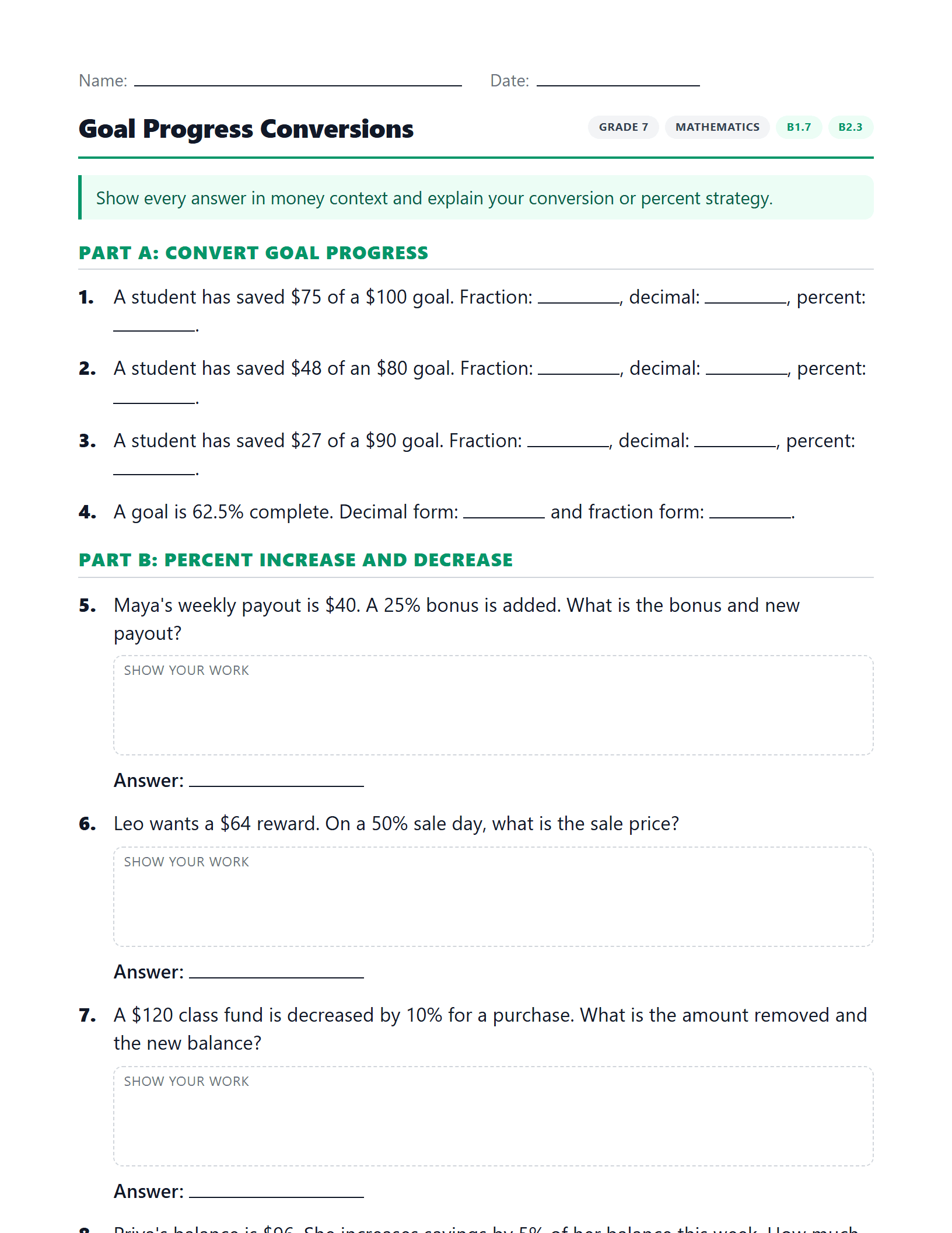 Preview of Goal Progress Conversions worksheet