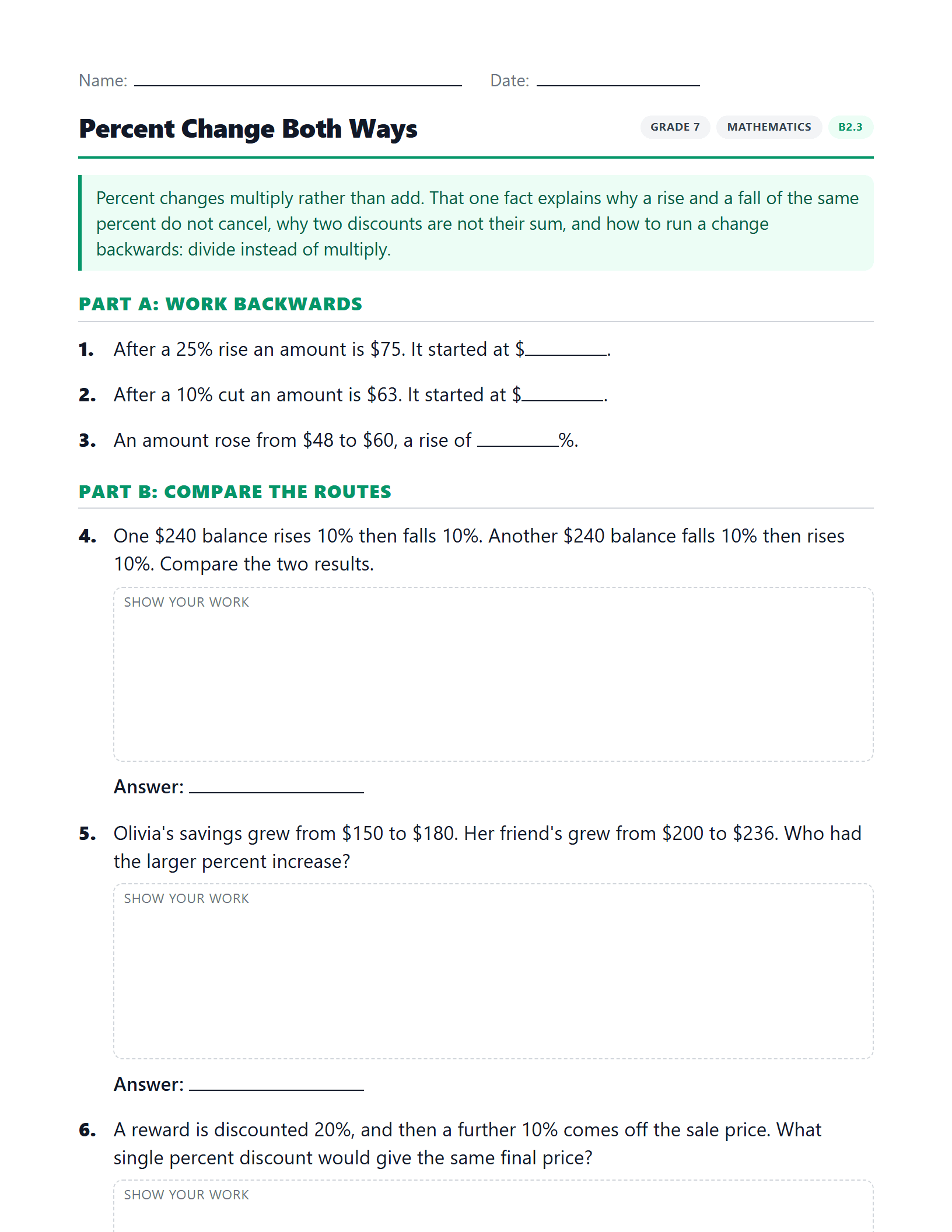Preview of Percent Change Both Ways worksheet