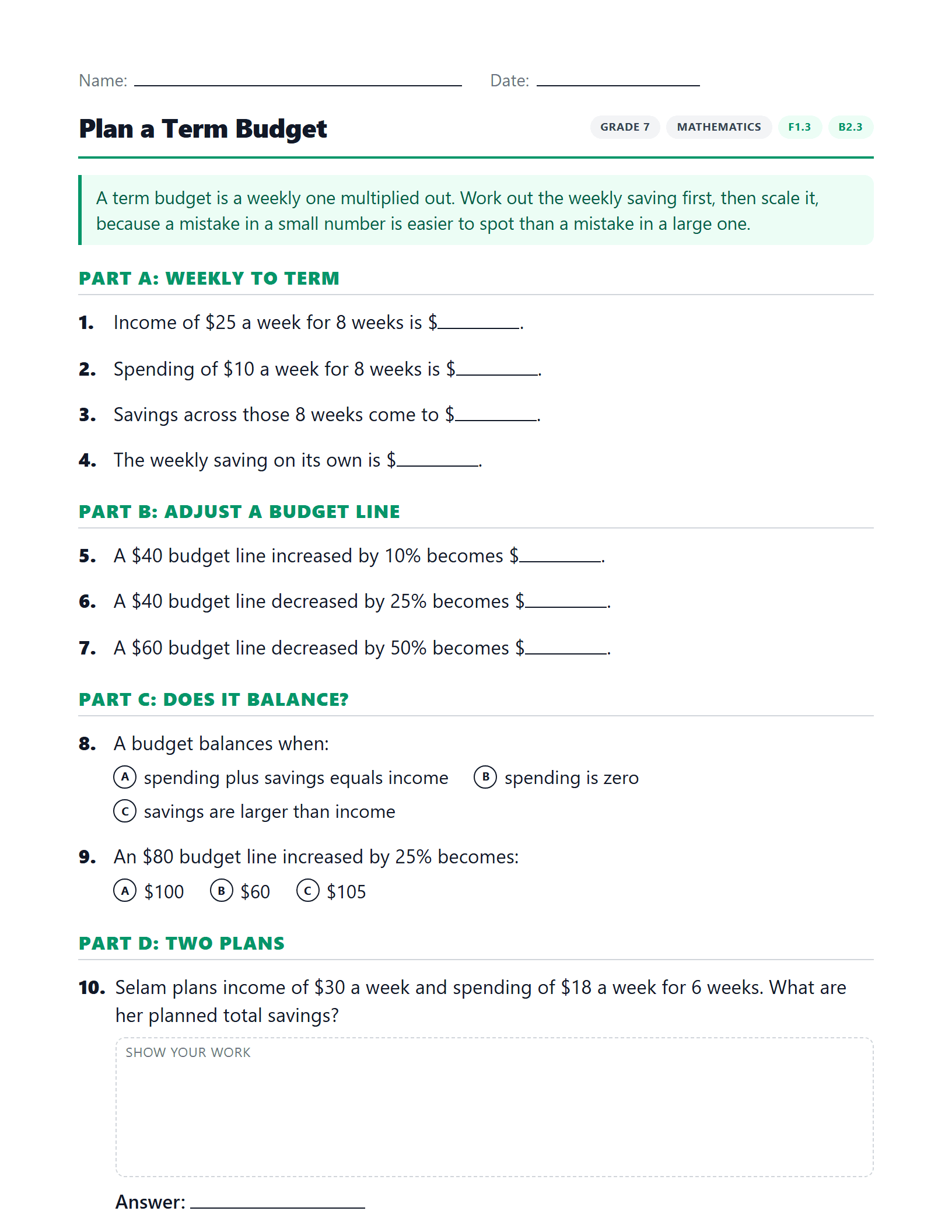 Preview of Plan a Term Budget worksheet