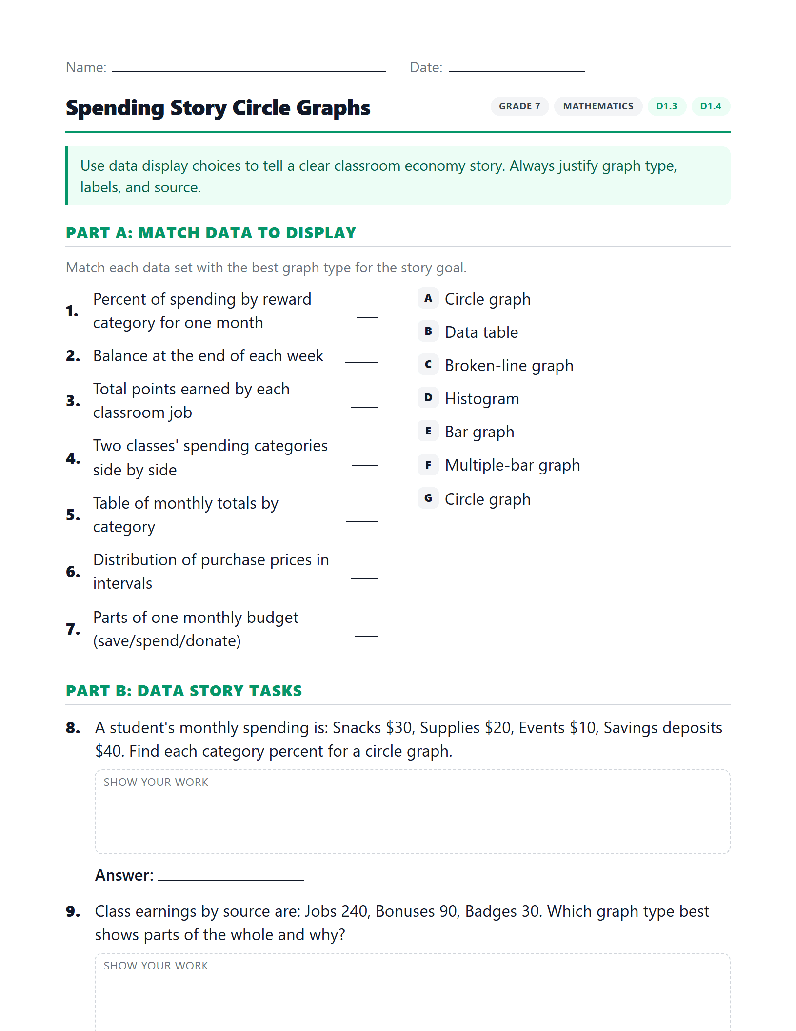 Preview of Spending Story Circle Graphs worksheet