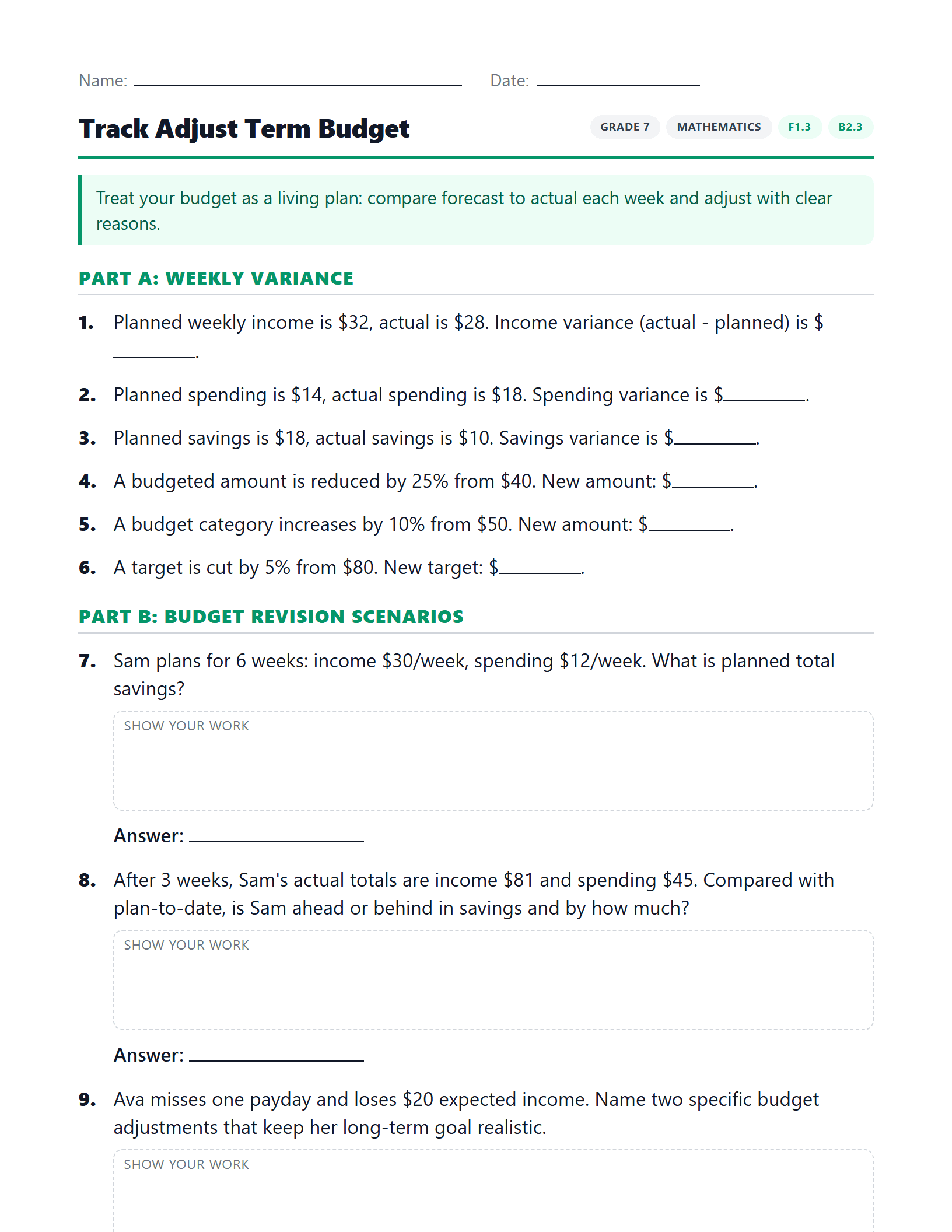 Preview of Track Adjust Term Budget worksheet