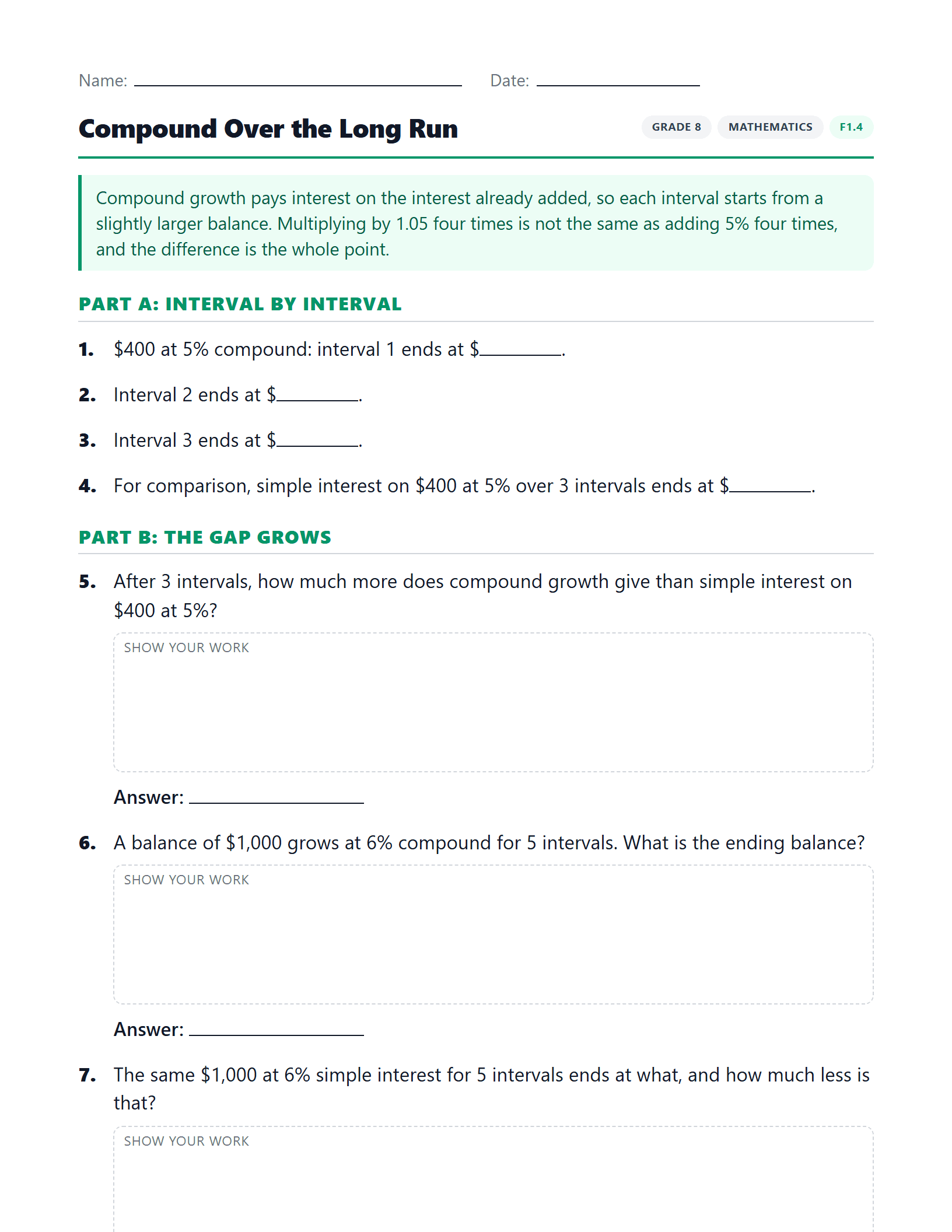 Preview of Compound Over the Long Run worksheet