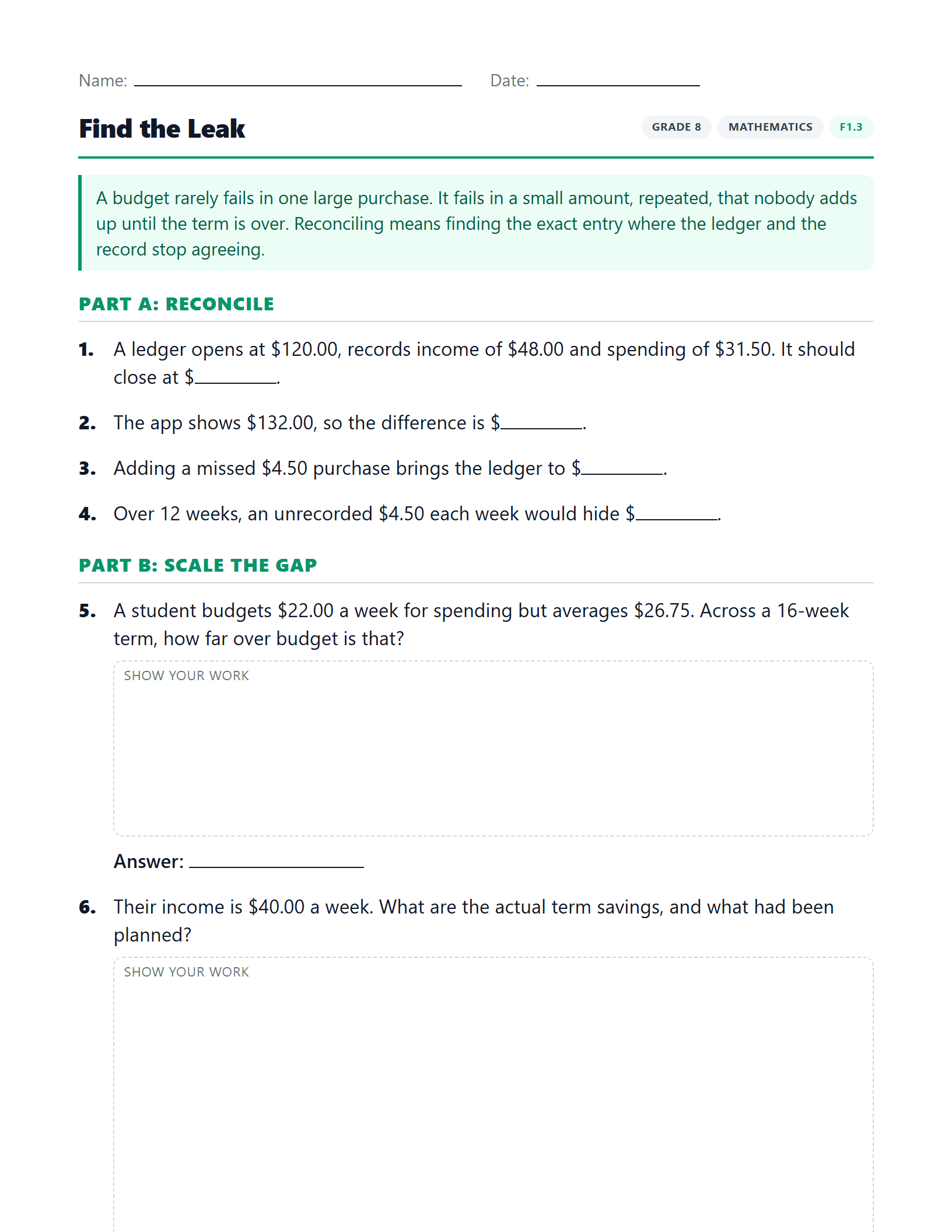Preview of Find the Leak worksheet
