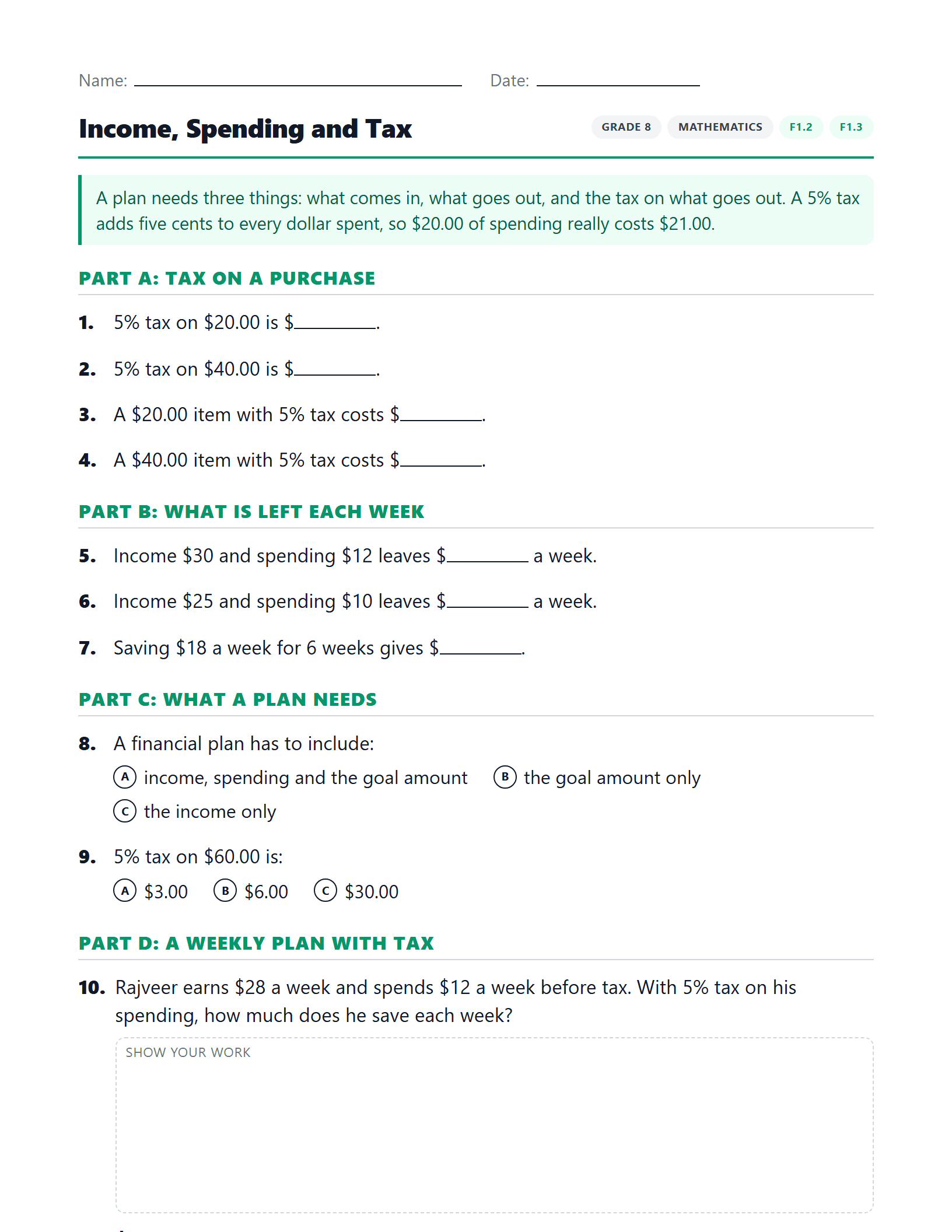 Preview of Income, Spending and Tax worksheet
