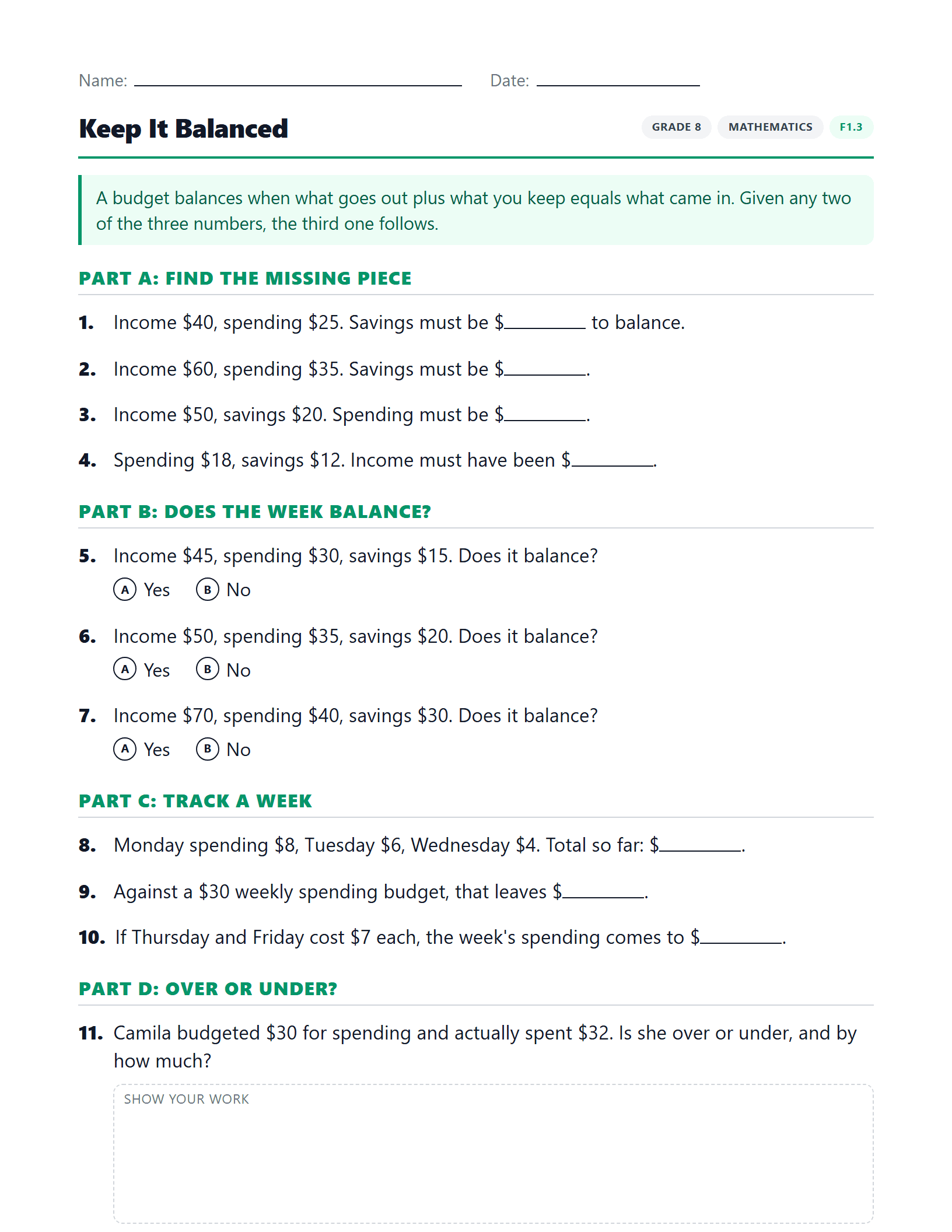 Preview of Keep It Balanced worksheet