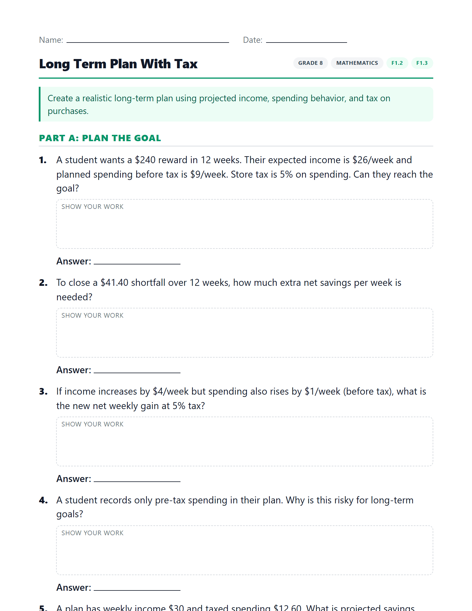 Preview of Long Term Plan With Tax worksheet
