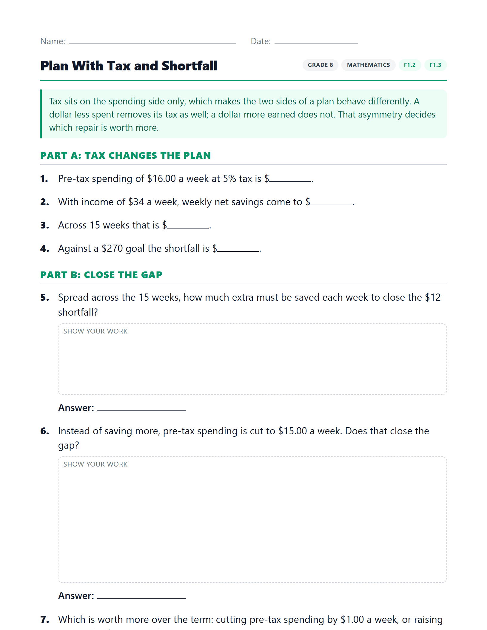 Preview of Plan With Tax and Shortfall worksheet